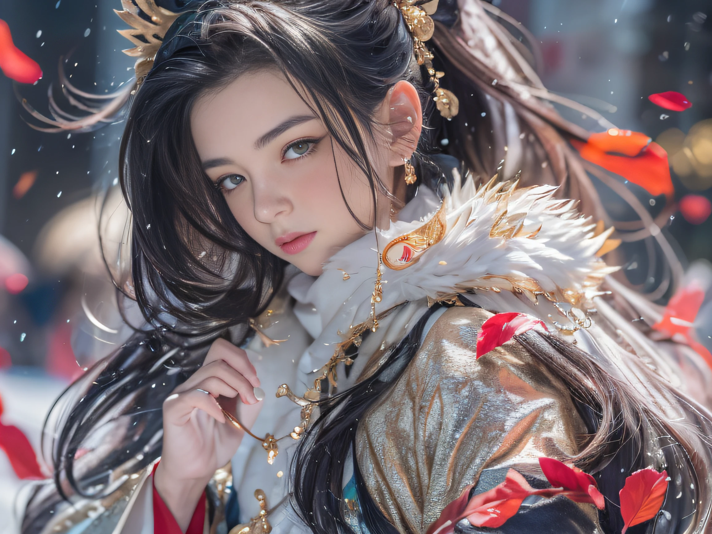 32K（tmasterpiece，k hd，hyper HD，32K）Long flowing black hair，Rockery，zydink， a color，  Xuzhou people （Seduce girls）， （Red scarf in the snow）， jumping posture，  long whitr hair， Floating hair， Carp pattern headdress， Chinese long-sleeved silver battle robe， （Abstract gouache splash：1.2）， Pink petal background，Tulips flying（realisticlying：1.4），Black color hair，Fallen leaves flutter，The background is pure， A high resolution， the detail， RAW photogr， Sharp Re， Nikon D850 Film Stock Photo by Jefferies Lee 4 Kodak Portra 400 Camera F1.6 shots, Rich colors, ultra-realistic vivid textures, Dramatic lighting, Unreal Engine Art Station Trend, cinestir 800，Long flowing black hair，Transparent robe clothing