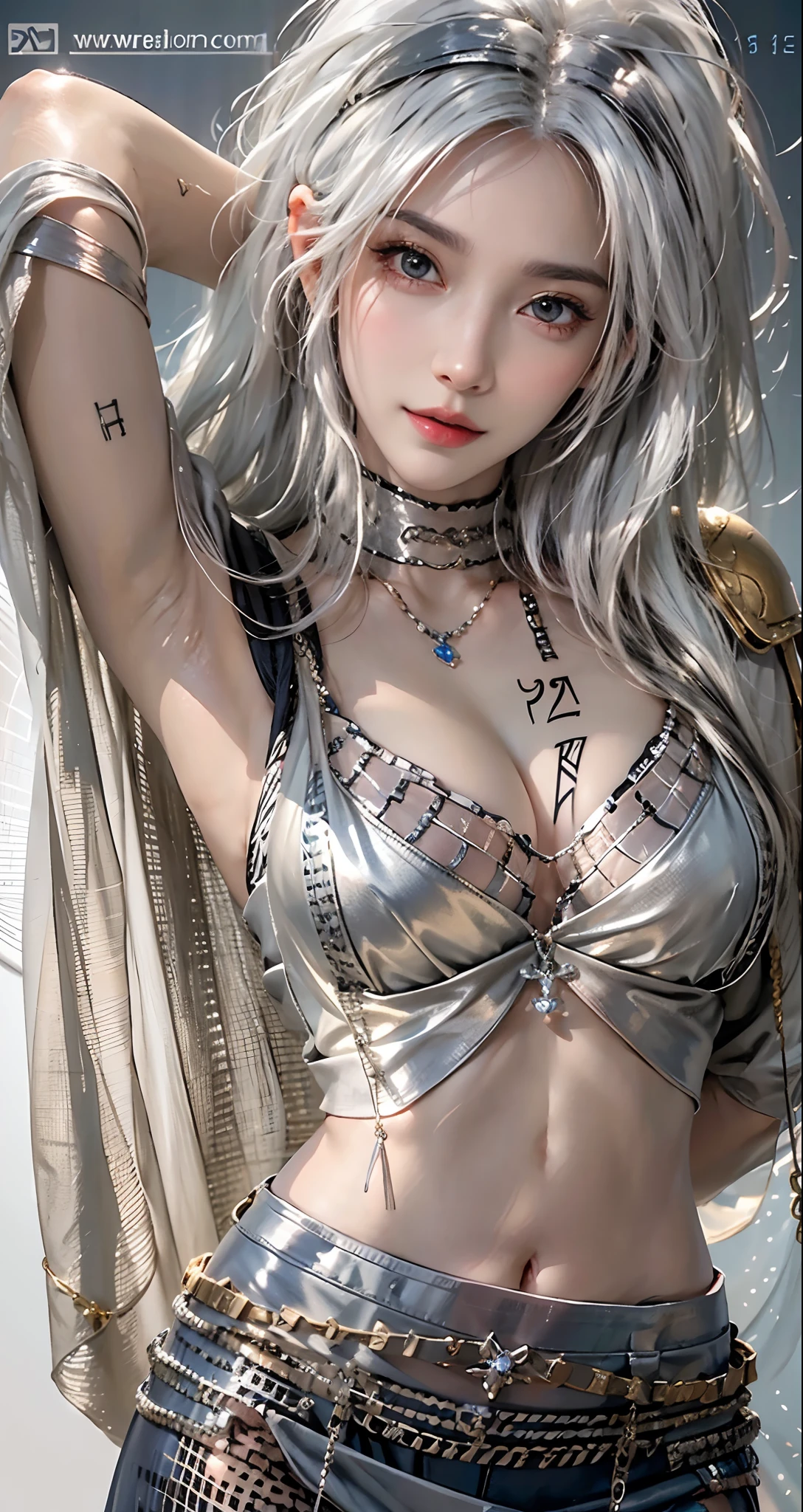 photorealistic, high resolution, soft light,1women, solo, hips up, shining skin, (detailed face),tattoo, jewelry, chainmail, night, white hair, wavy hair, Beautiful Soldier, Eyes That Invite Viewer, Lover's Perspective, Inviting Expression, Sexy Smile, Perfect Style, Perfect Balance, Detailed Skin, Naughty Gaze, Chest Visible