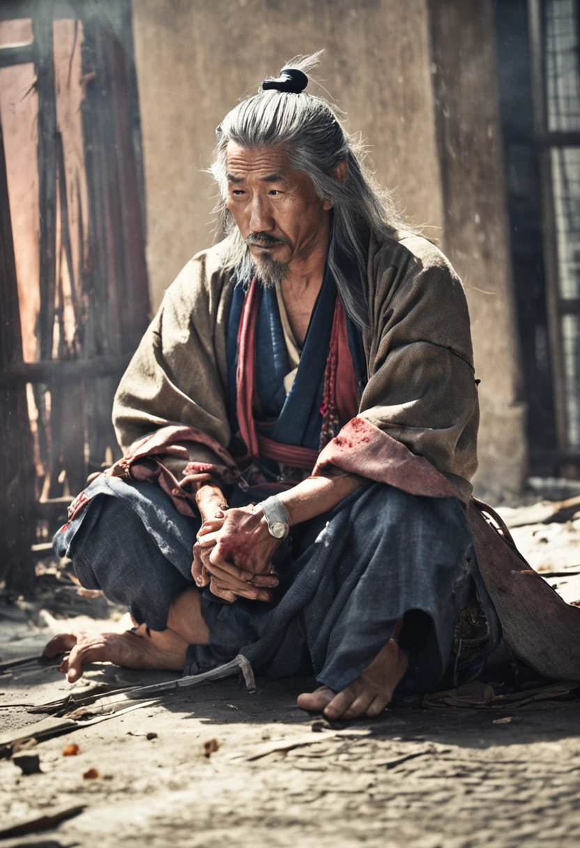 Man sitting on tattered floor, oldman, samurai blue clothers , angry, expression marks, Katana, Long white hair