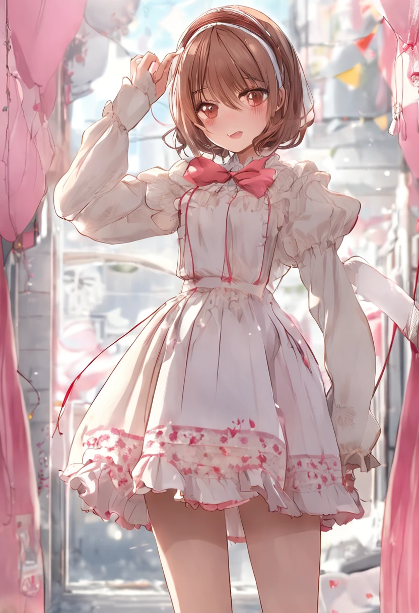 masterpiece, best quality, 1girl, , 160 cm tall, beautiful, cute, shy expression. 1 female. Light brown hair. Yellow-green eyes. Short cut. Matching bangs. Short dress with white top and pink bottom folds, red ribbon on chest, lace around edges of dress. White over-knee socks. White panties. Pink beret with red ribbon at the back. Cute pink pumps. Warm lighting. Looking at the camera. Legs open. She is turning up her dress with her left hand. The woman's back has rounded wings. In her right hand, she is holding a lovely big magic wand with a big yellow star at the end of a long, thick, pink handle and small white wings on either side. Stylish white gloves with red ribbon. A lot of white lotion dripping on her panties, smile, standing,((grey background)), (medium shot), bad-hands-5, vile_prompt3