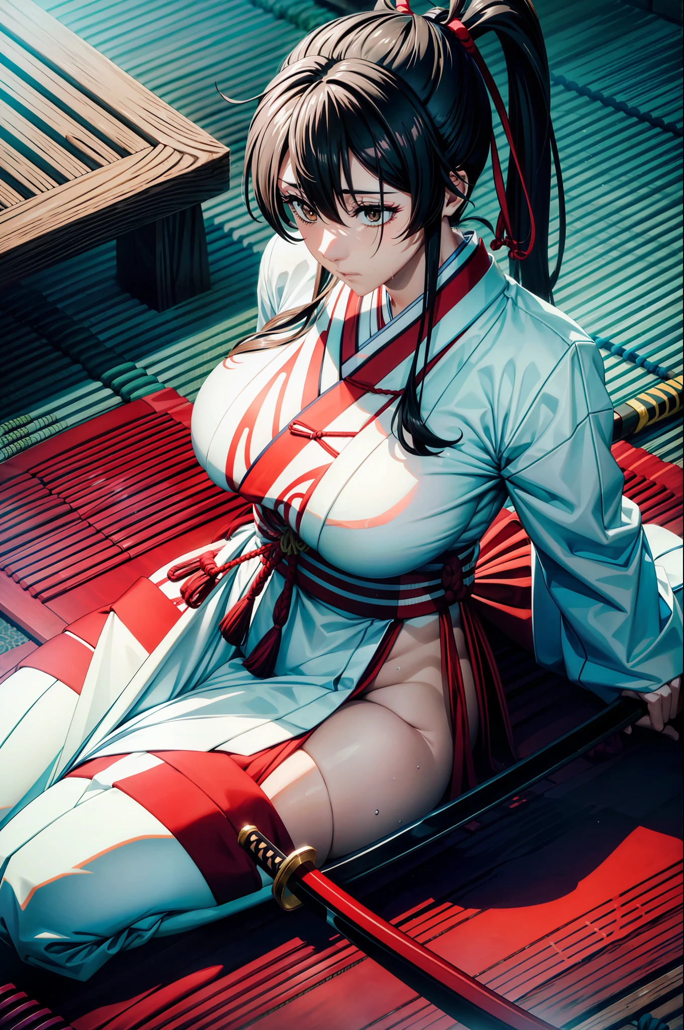 (masterpiece), (best quality), (Detail: 1.4) asaemon_sagiri, 1girl, solo, long_hair, sexy posture with katana, katana japanese, white kimono with open breasts,wet cloths, open underwears, breasts out, heavy breathing, looking_at_viewer, black_hair, brown_eyes, upper_body, ponytail, sidelocks, japanese_clothes, kimono, big breasts, high_ponytail, black haori, bed,