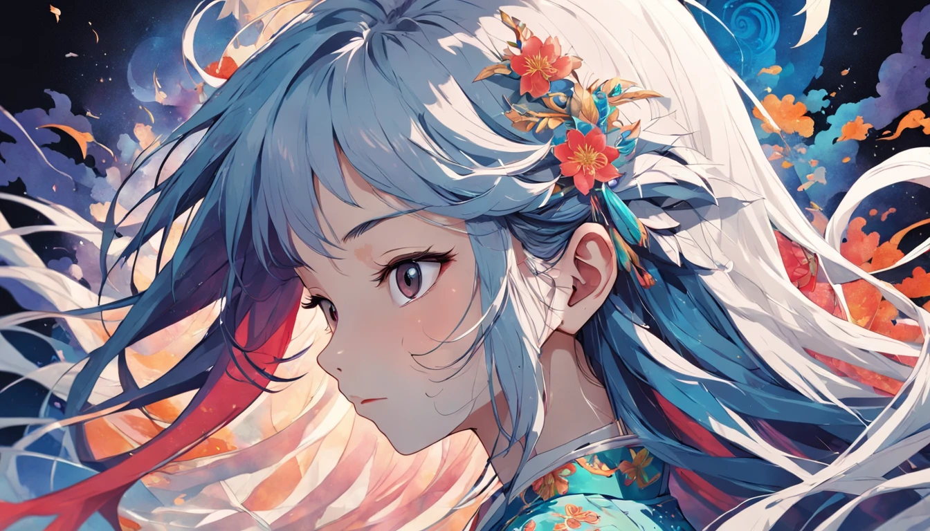 (White background:1.4),(Silhouette of a girl's head, Eyes closed, Colorful long hair, Oriental elements),(Chinese Illustration:1.3,paper art:1.3, Quilted Paper Art:1.2),( Reasonable design, Clear lines, High Sharpness,Best Quality, Very detailed, masutepiece, Movie Light Effects, 4K )