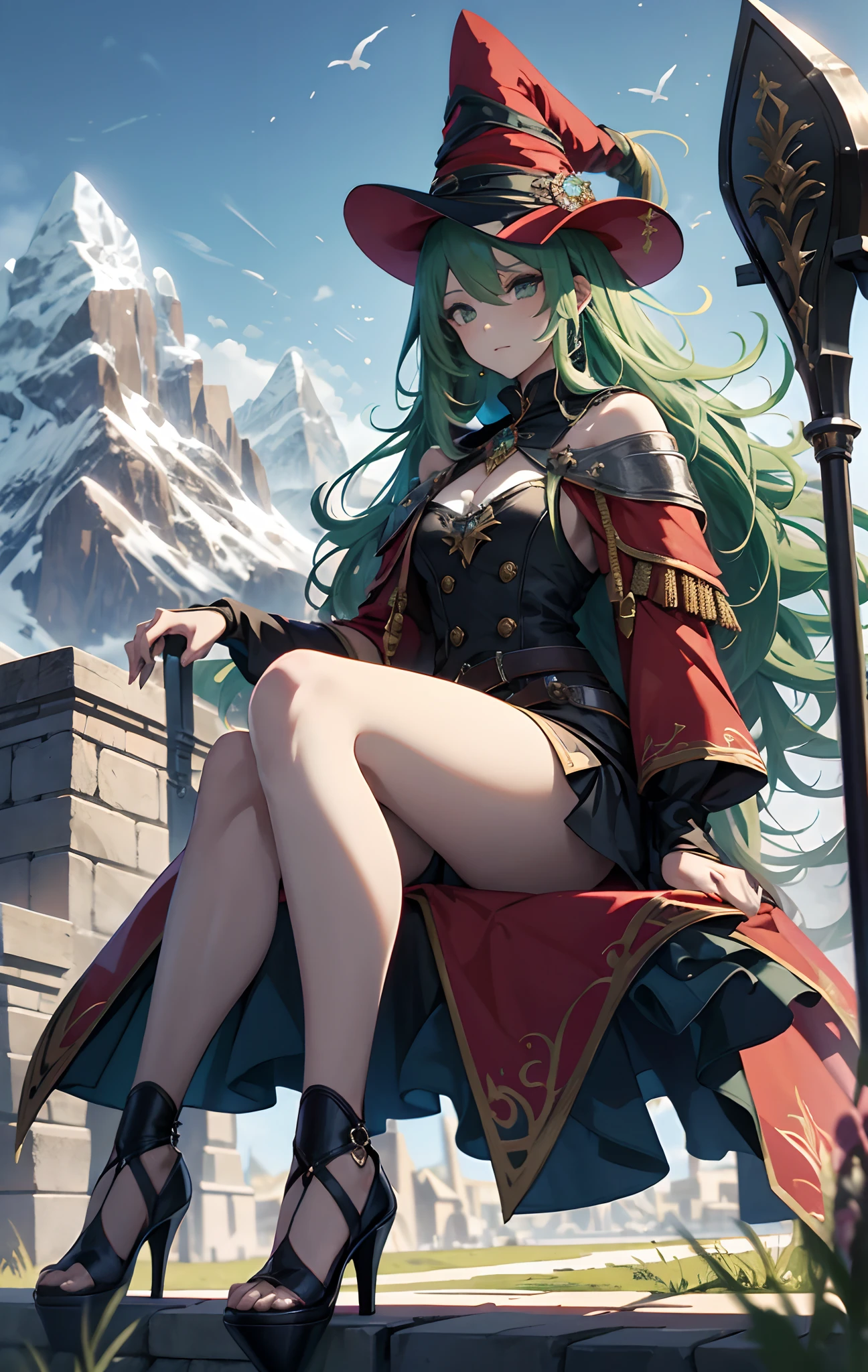 best qualityer，tmasterpiece，Ultimate resolution，downy，Extremely colorful，Colorful，Alpine background，Sky flight，Red magic robe long dress，Long flowing green hair，The Witch，a matural female，red high heel pumps，Sit on a magical broom，flight，Normal posture