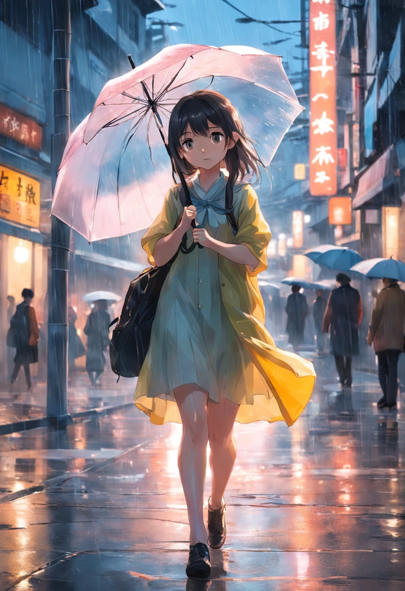 We can see a young girl，She wore a light dress，Carrying a small bag，The slender hair flutters with the breeze。She has a beautiful face，The eyes are clear and bright。

The girl was holding a special umbrella，This umbrella is transparent，Without any frills，The umbrella surface is wide and rounded。On busy streets full of people，Her figure is different。

The streets are lined with passers-by hurrying by，Wear a variety of costumes，Busy getting things done。Someone rushed to the office，Someone rushed to school with school bags。These people came and went around her，As if forming a raucous backdrop。

Sin embargo，In this noisy environment，The girl is different。She kept her pace calm，Under the umbrella, she seems to have entered a separate space。The transparent raindrops on the umbrella surface swayed as she moved，It's like sparkling ripples on the surface of the water。

There was no tiredness on the girl's face，Instead, it exudes serenity and firmness。Her eyes reveal inner thinking and depth。Maybe she's looking for her direction，Perhaps she was thinking about the meaning of life。

In this picture, a girl holding a transparent umbrella walks at the junction of people，It shows a kind of solitude and calmness that is different，At the same time, it also sketches a charming picture of youth。
