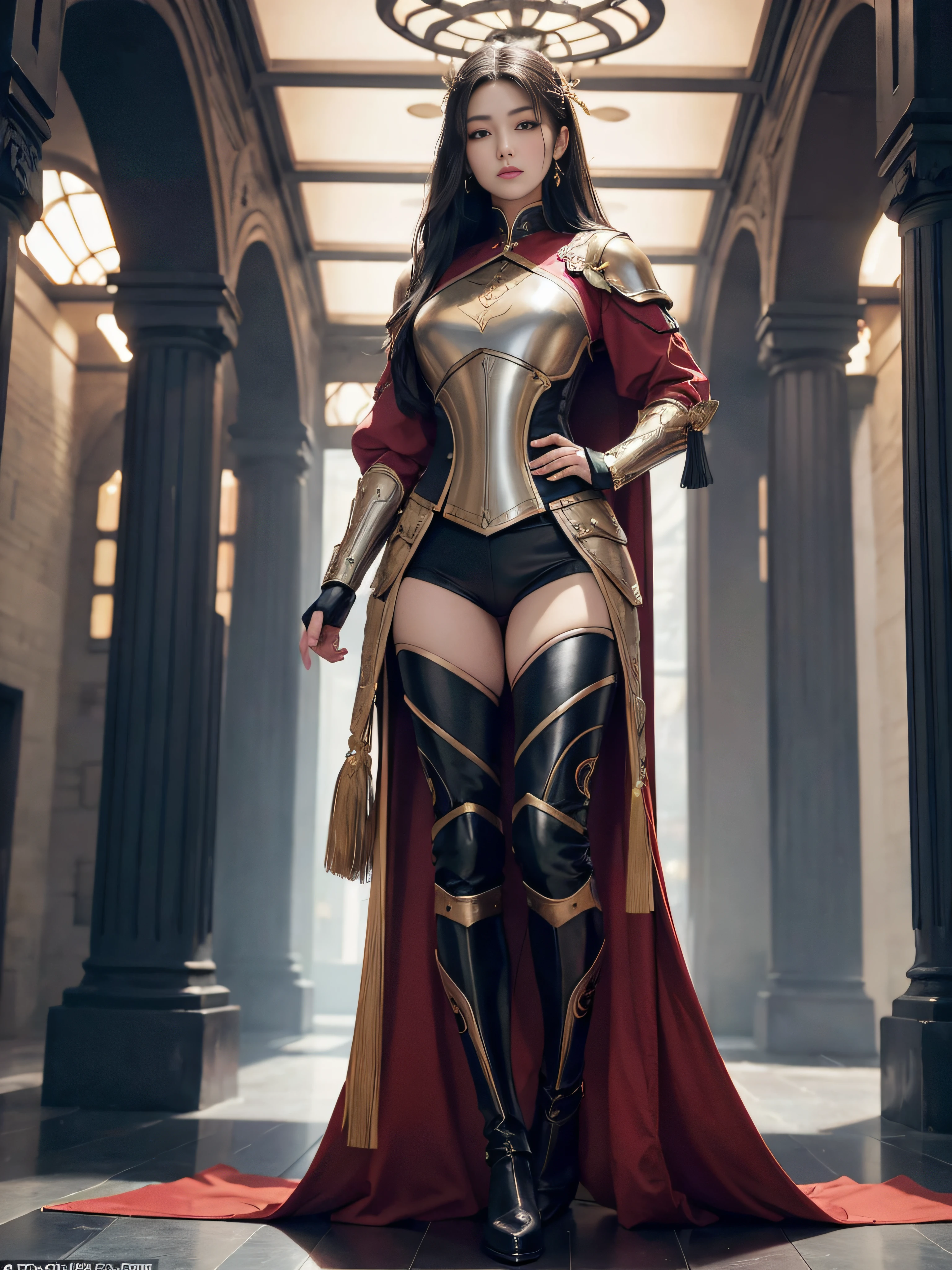 tmasterpiece,A high resolution,Absolutely beautiful,Oriental women,Eastern warriors,a mature female,Fine and detailed eyes and detailed face,Tall and tall,She wears armour,Full package,Full coverage of the armor,Armor pants,Armor boots,Show armor boots,Armails are richly decorated,Bright colors,Shogun, allure:(Tall:1.4),haughty,Mature temperament,(Wide buttock:1.4),(Thick thighs:1.4),Majesty,Rich scene detail,In the midst of the war,are standing,action