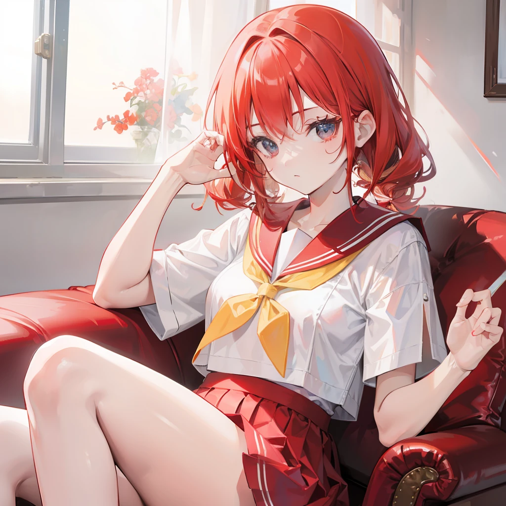 The red-and-yellow-haired maiden wears a sailor suit