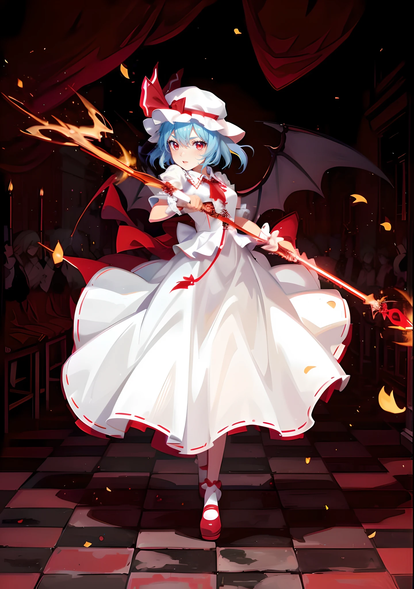 (1girl,solo) ,white dresses，Short light blue hair,(Holding a red glowing spear in his hand),White gothic loli costume ,touhou character, remilia. scarlet from touhou, from touhou,Bat wings,Vampires,(small breast:0.8)