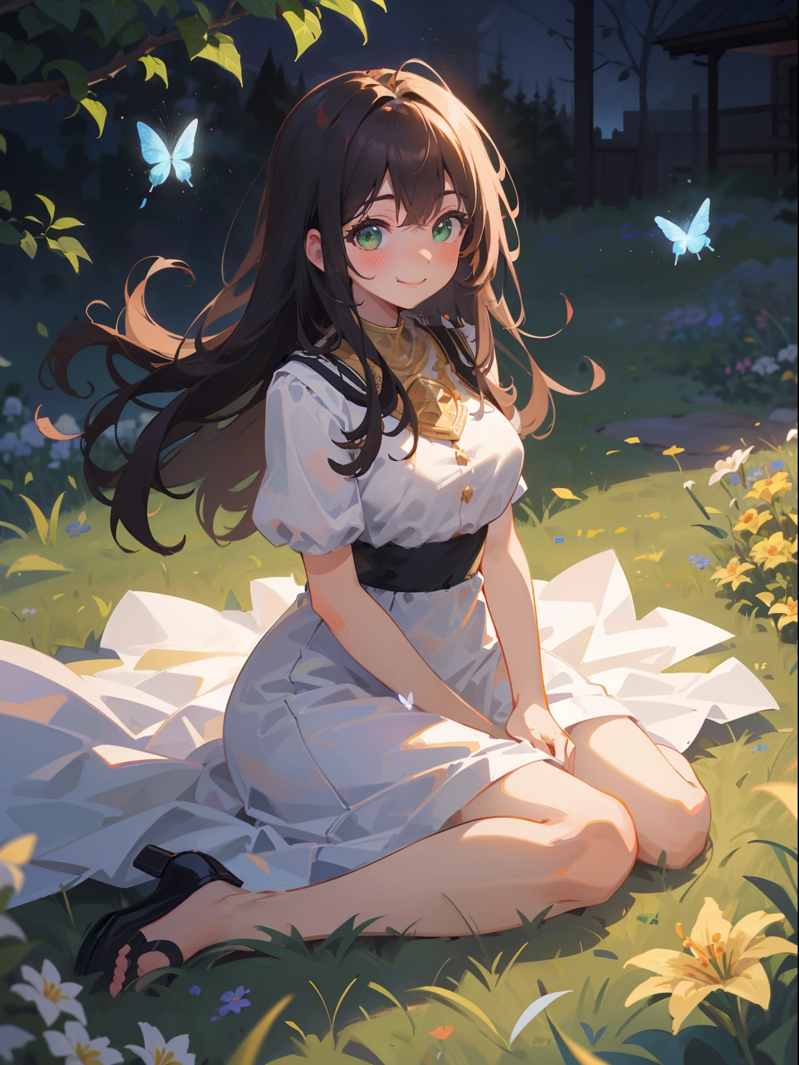 (masterpiece), (best quality), ultra high res, sharp focus, ((1 woman, solo)), (in the meadow of lily flowers), surround by butterflies, (at the night:1.2), full body, medium long shot, MLS, beautiful detailed hair, chestnut brown hair, long hair tumbles down, beautiful detailed face, ((beautiful shape eyes, green eyes)), perfect feminine face, look at the viewer, comfortable face, smiles, blushing, hourglass body type, feminine light outfit --style raw