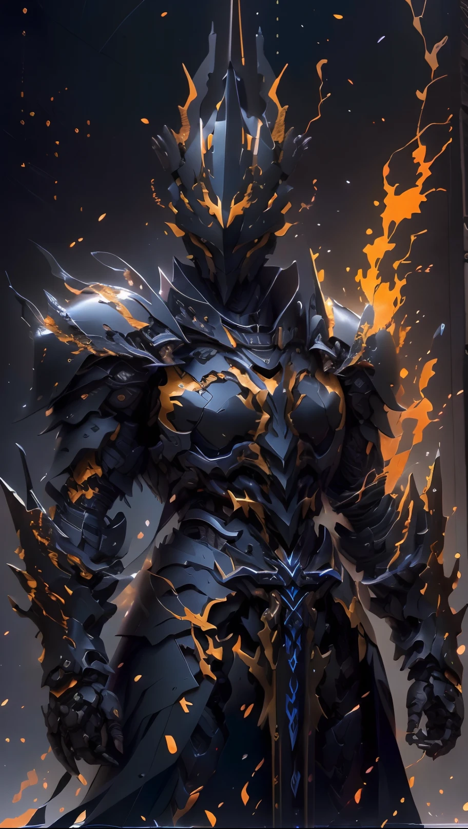 arafed knight in armor standing in a dark room with a sword, black fire color reflected armor, cyberpunk flame suit, berserk skullknight black armor, heavy metal armor, cybernetic flame armor, black heavy armor, corrupted armor, cybernetic fire armor, full body x-force outfit, heavy black obsidian armor, spiked scrap metal armor