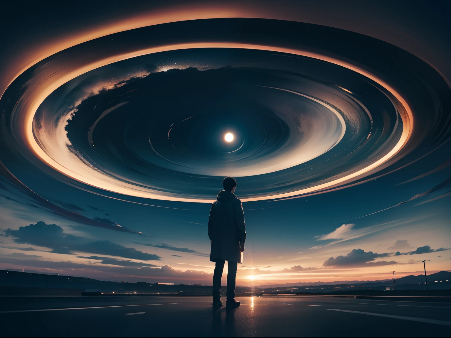early evening，Sky after rain，A man stands in the middle of the road looking at the sky，A huge one appeared in the sky、Deep and empty swirling clouds，Inside the whirlpool, You can see the dark deep space of the universe。Faraway view。