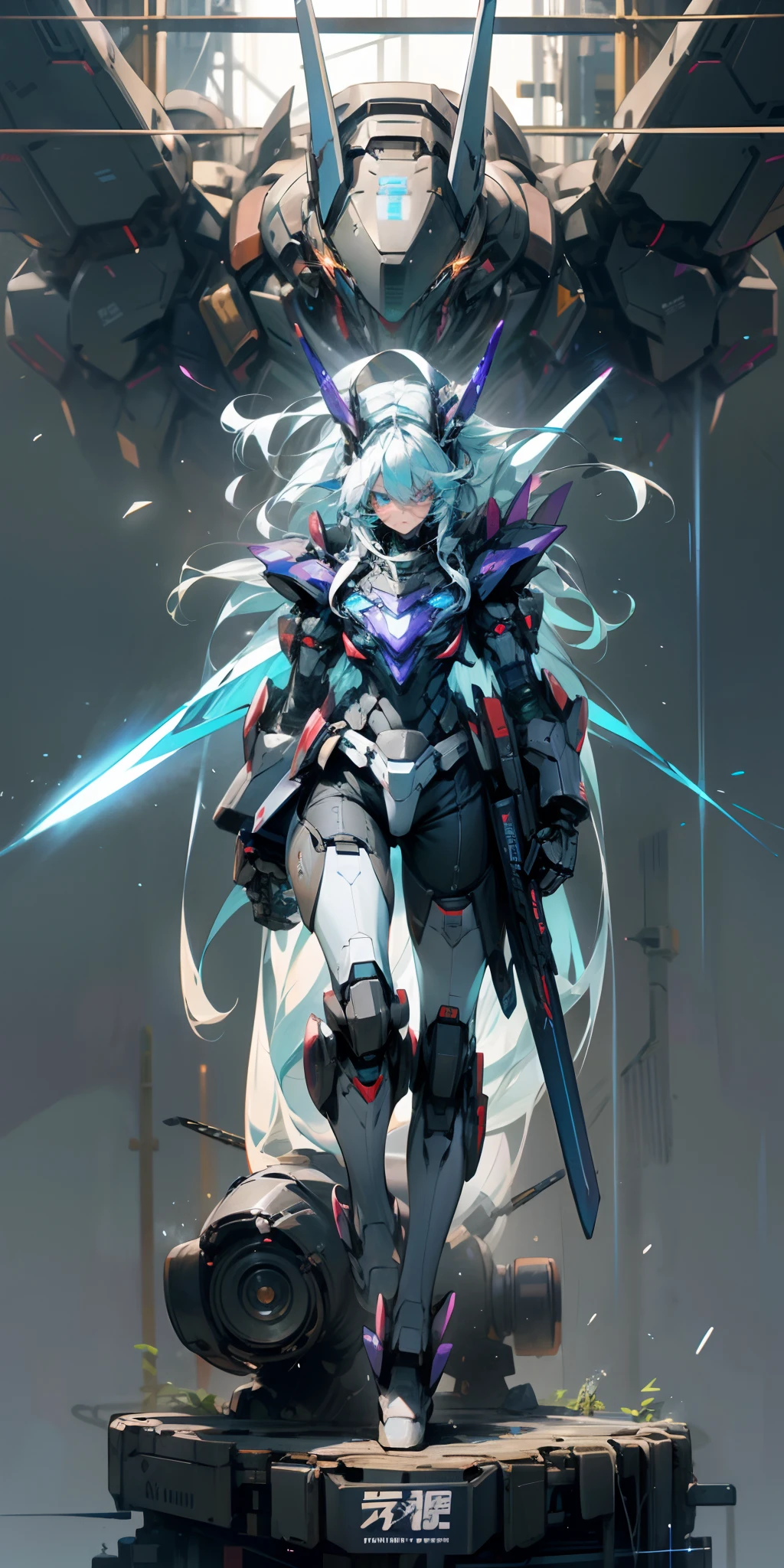 Cool mech core style,mech concept art,Dark gray Decepticon,tremendous mecha robot,intricate glowing mecha armor,Transform giant robots in the future。There is a giant mech machine behind the girl,The volume of the machine is very large,It seems to be more than ten meters high。There are a lot of mechanisms and armor on the surface of the machine,It looks very sturdy。Girl standing in front of the machine(Stand head-on,facing at camera),blue color eyes,long white hair,skinny figure,A body made of a semi-machine,Laser spandex oil shiny shine luminous pattern。Energy light,Thunder Electric Magic,Haze, rain and thunder,rain drops,Warm colors and cold light,Blue-violet light,the detail,Big background。