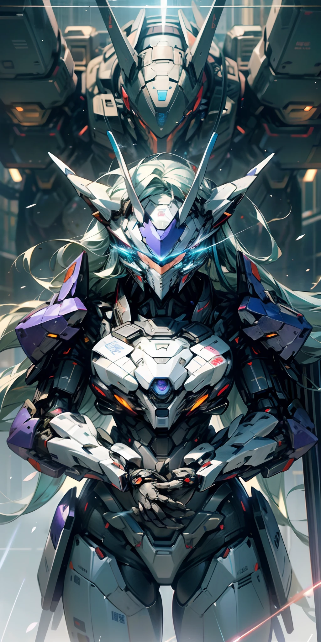 Cool mech core style,mech concept art,Dark gray Decepticon,tremendous mecha robot,intricate glowing mecha armor,Transform giant robots in the future。There is a giant mech machine behind the girl,The volume of the machine is very large,It seems to be more than ten meters high。There are a lot of mechanisms and armor on the surface of the machine,It looks very sturdy。Girl standing in front of the machine(Stand head-on,facing at camera),blue color eyes,long white hair,skinny figure,A body made of a semi-machine,Laser spandex oil shiny shine luminous pattern。Energy light,Thunder Electric Magic,Haze, rain and thunder,rain drops,Warm colors and cold light,Blue-violet light,the detail,Big background。