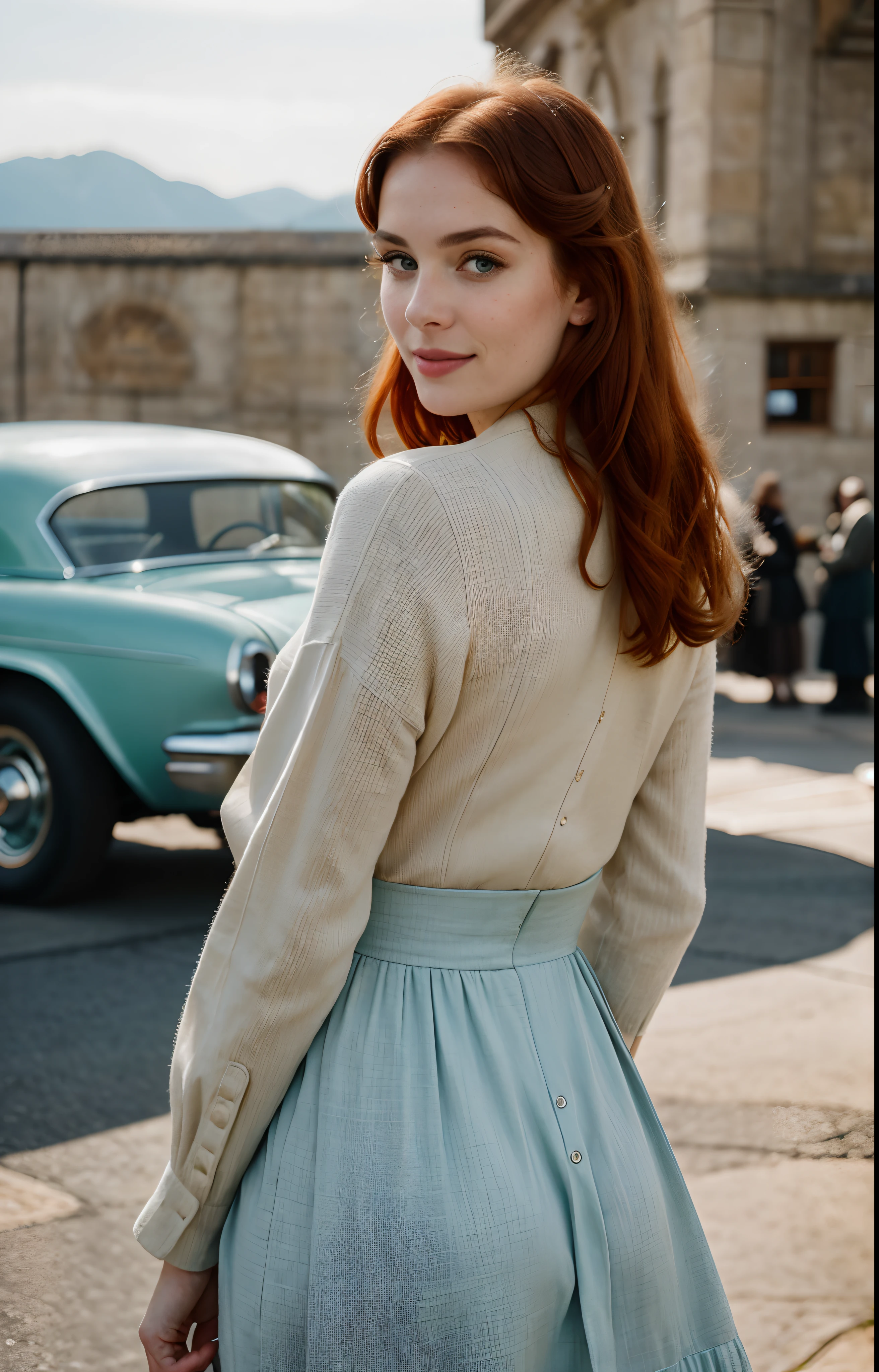 Hyper Realistic 8K, Woman with Heterochromia (One Blue and One Green Eye) ((18 Years)), Bold Pose, showing the middle finger ((Extremely Intense and Detailed Skin)), 16K, masterpiece, best quality, ultra-detailed, 1960s Era Landscape, Authentic Vintage Attire, ((intricate Detailed Reddish Hair)), Nostalgic Expression, Period-appropriate Atmosphere, Vintage Selfie Moment, Charming Smiles, Iconic Surroundings, Retro Aesthetic, Timeless Beauty, Authentic Representation of the 1960s, Stylish Outfit, Time-Tested Clothing, Vintage Charm, Era-specific Cultural Elements, Captivating Scenery, Vintage Lighting, Crisp Details, Realistic Textures, Meticulous Historical Accuracy, Subtle Color Grading, Artistic Excellence, Nostalgic Beautyshadows, contrast, clear sky, style, (warm hue, warm tone:1.2), cinematic light, sidelighting, ultra high resolution, best shadow, RAW, Canon EOS 5D Mark IV Cam ,upper