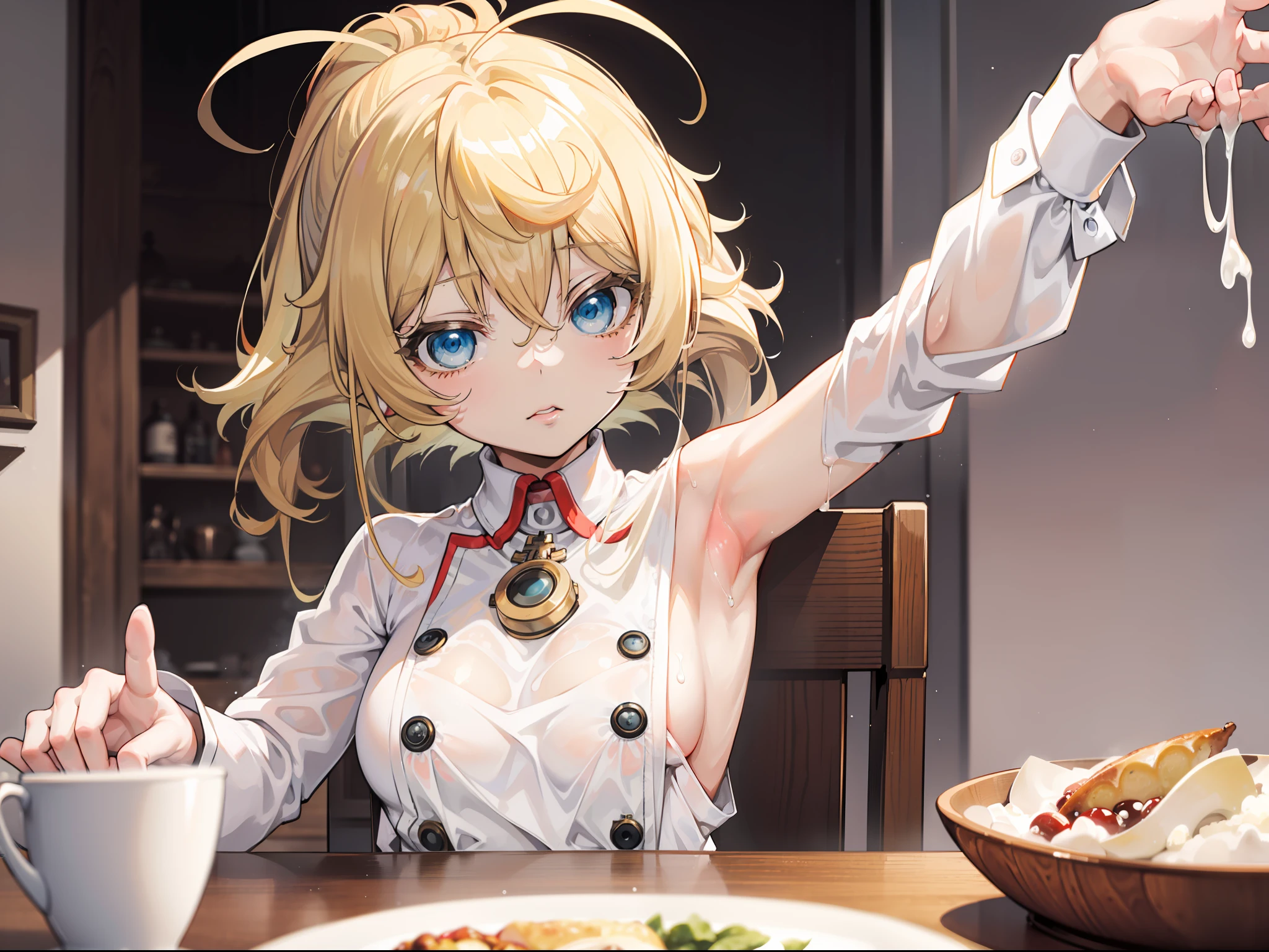 ((Tanya von degurechaff, White shirt, Buttons open, Her breasts, armpit, white liquid, dining room))