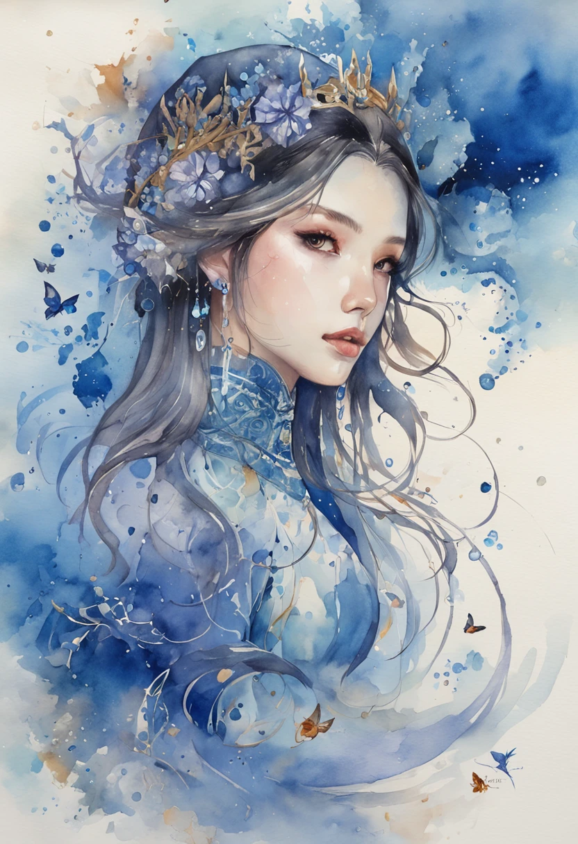 (masterpiece, top quality, best quality, official art, beautiful and aesthetic:1.2), girl, detailed face, long black hair, full body, blue shirt with high collar, violet corset, long blue skit, celestial, cosmic, extremely beautiful, high detailed, (galactic in background), luminous effects, highest detailed, floating particles, ancient runes, geometric patterns, V0id3nergy , mana, shadows, epic atmosphere