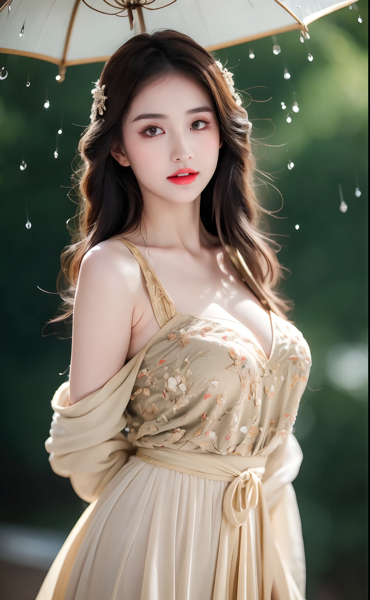 (highest quality, 8K, masterpiece), (best illustration), very delicate and beautiful, very detailed, CG, unity, amazingly fine detail, ultra high resolution, highly detailed eyes and face, superbly detailed eyes, (fluffy black eyes: 1.21), (best shadows: 1.1), (photorealistic: 1.1), realistic face proportions, (makeup: 0.4), handsome woman, solo, (( Big breasts)), (deep cleavage), (slim figure), smiling at the viewer, (off-shoulder: 1.5)), wet skin, dark brown hair, earrings, (cowboy shots: 1.3), (irregular skin imperfections, veins, skin wrinkles: pores: 1.1), (woods: 1.3), (bokeh: 1.4)
