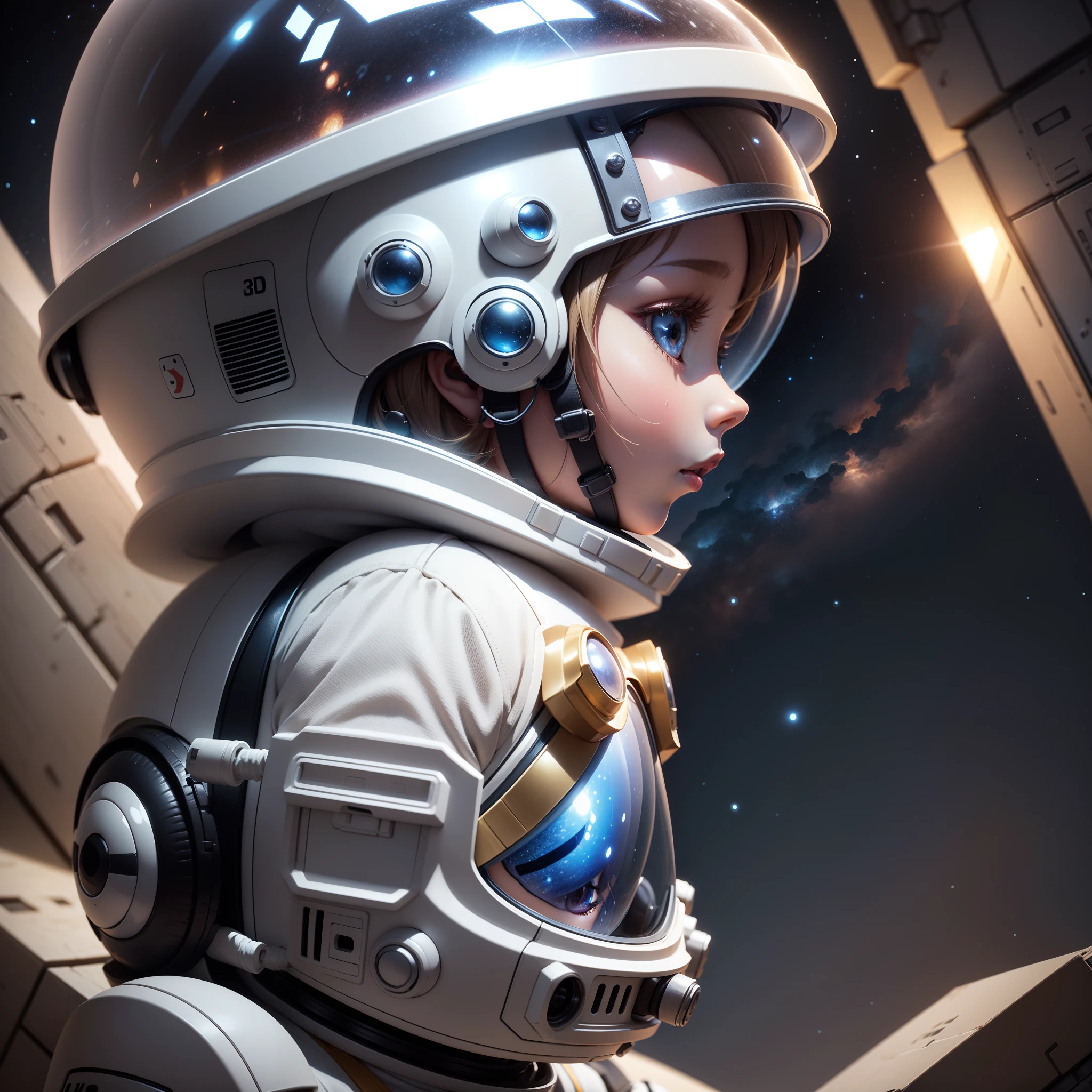 There is a helmet and a small doll with a helmet, Beautiful 3D rendering, little astronaut looking up, portrait anime space cadet boy, Cute 3D anime boy rendering, cute detailed digital art, Mini Cute Boy Male Explorer, Stylized 3D rendering, 3D rendered 8K character art, Cute Digital Painting, 3D Anime Style, super detailed render, Planetary background