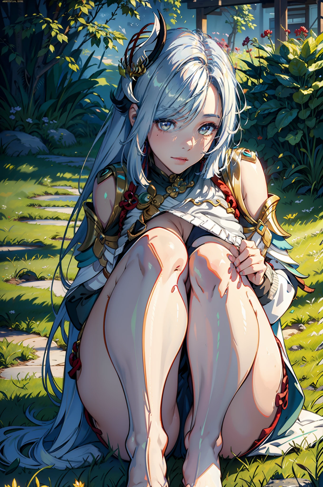Masterpiece,Best quality,offcial art,Extremely detailed Cg Unity 8K wallpaper,1girll, 超高分辨率, (Photorealistic:1.4),Lower lens, 1girll, perfect hand,delicated,Chest moles,beautifullegs,Absolute realm,White color hair,Sweaters,long sweater,Tight sweater,Cover your hips,cleavage,Bright,grassy fields,(Very small nose,Cancel the nostrils,Cancel the nose),Delicate faces,ssmile,eyeline,Lower perspective