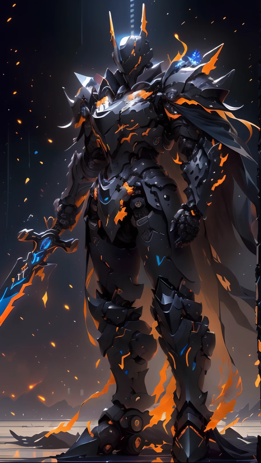 arafed knight in armor standing in a dark room with a sword, black fire color reflected armor, cyberpunk flame suit, berserk skullknight black armor, heavy metal armor, cybernetic flame armor, black heavy armor, corrupted armor, cybernetic fire armor, full body x-force outfit, heavy black obsidian armor, spiked scrap metal armor