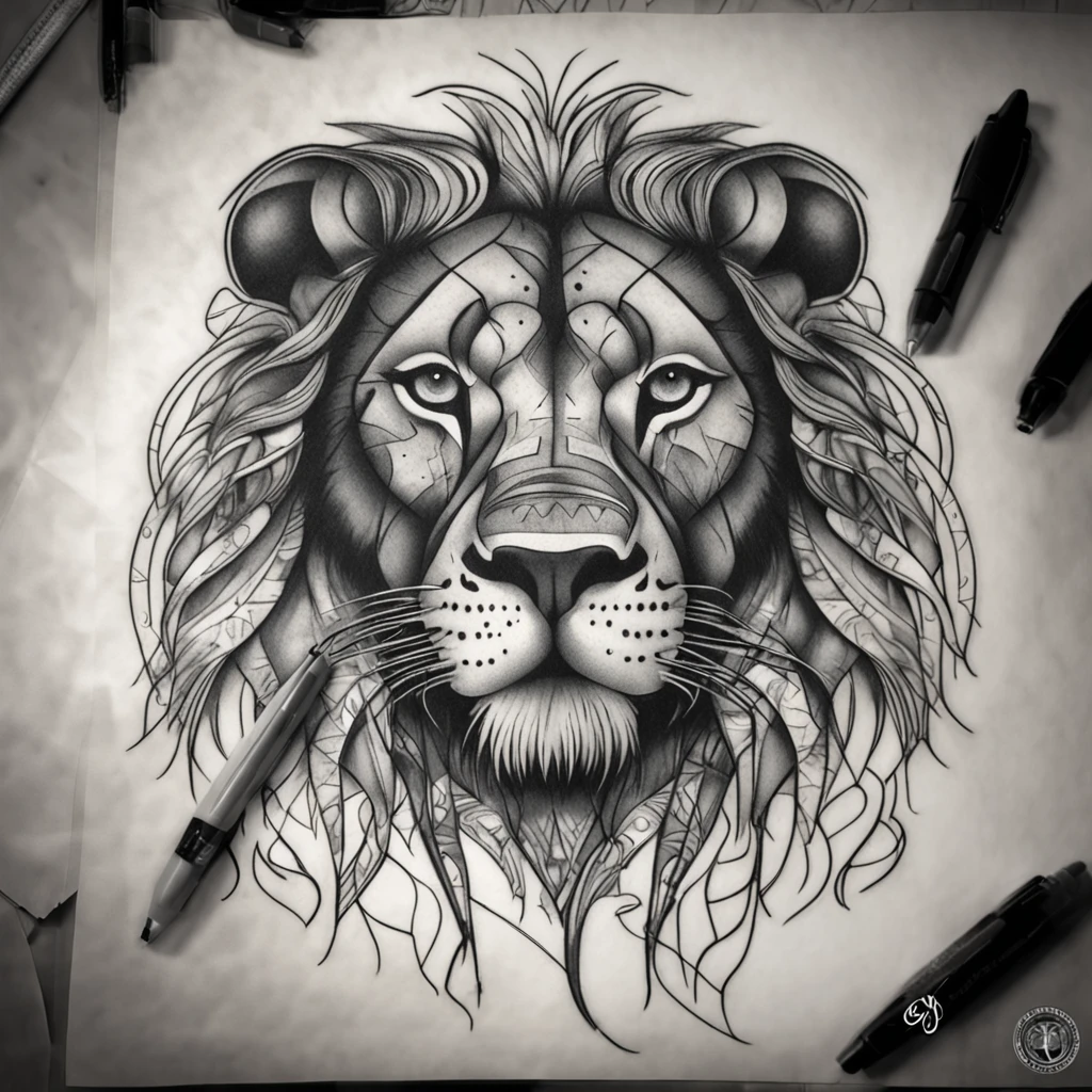 Chicano lion tattoo in black and gray with a graffiti touch, sketched with exceptional pencil work.