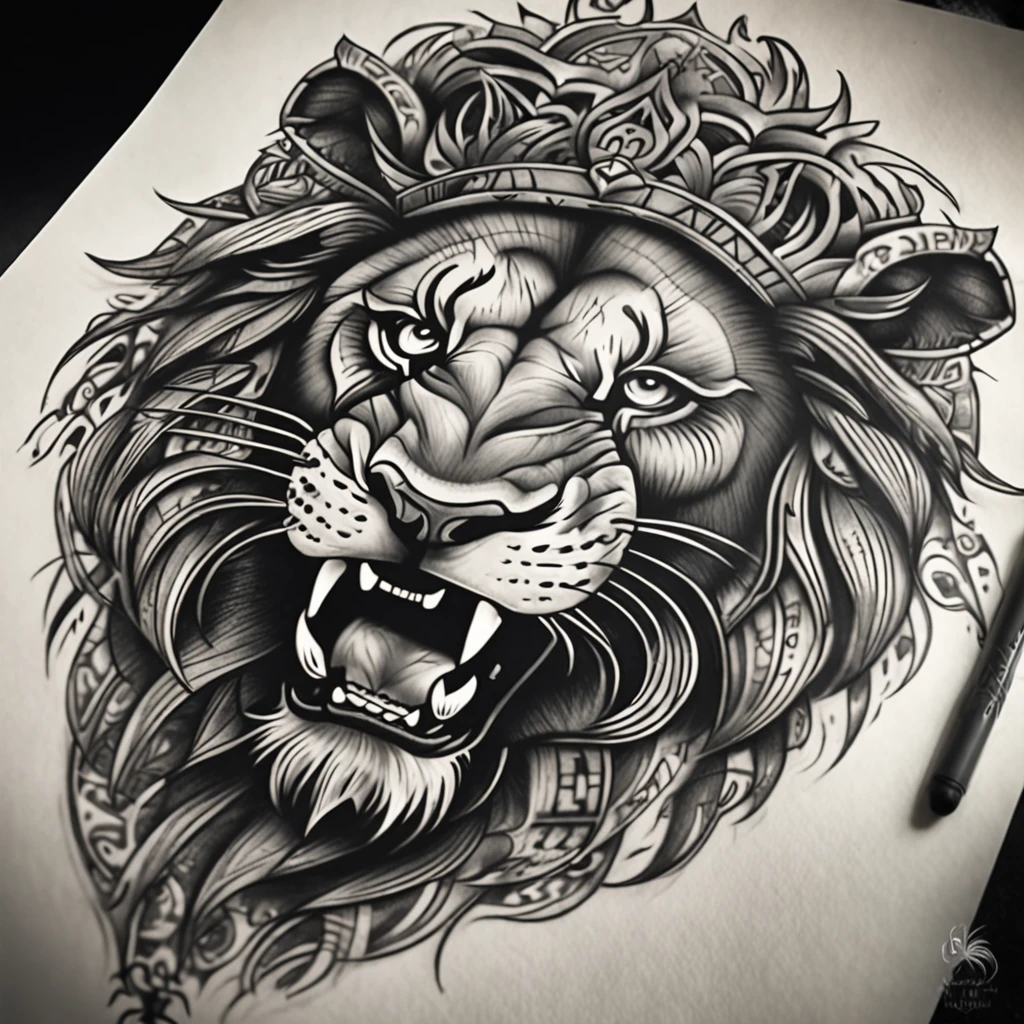 Chicano lion tattoo in black and gray with a graffiti touch, sketched with exceptional pencil work.