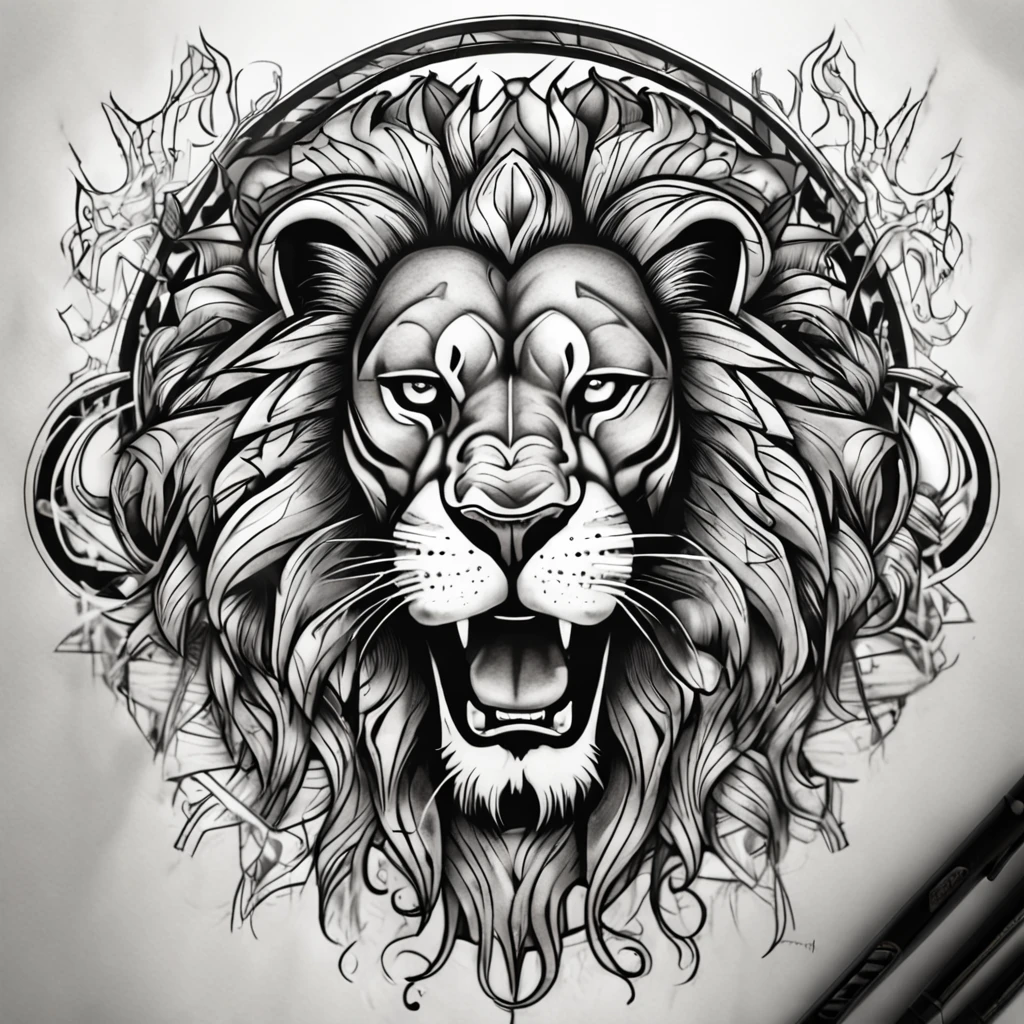 Chicano lion tattoo in black and gray with a graffiti touch, sketched with exceptional pencil work.