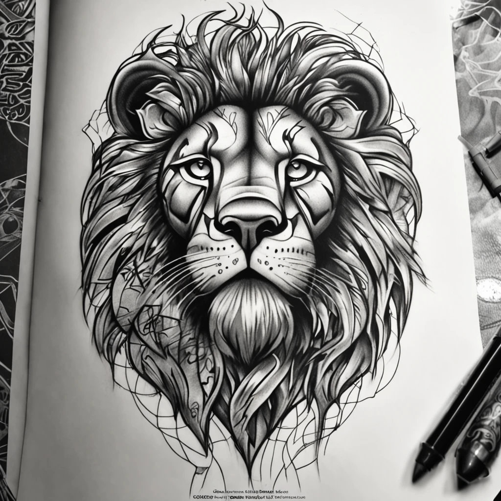 Chicano lion tattoo in black and gray with a graffiti touch, sketched with exceptional pencil work.