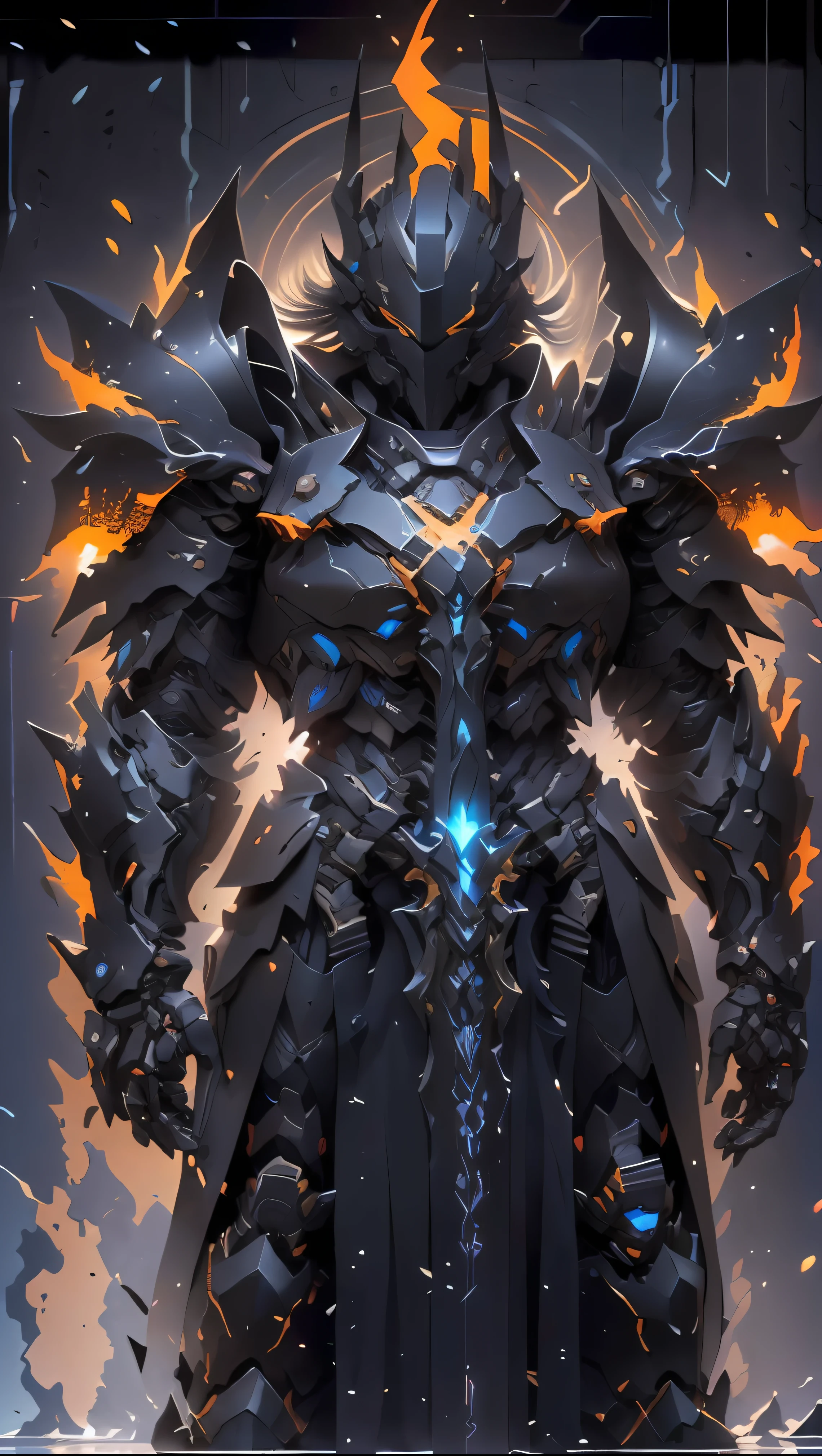 arafed knight in armor standing in a dark room with a sword, black fire color reflected armor, cyberpunk flame suit, berserk skullknight black armor, heavy metal armor, cybernetic flame armor, black heavy armor, corrupted armor, cybernetic fire armor, full body x-force outfit, heavy black obsidian armor, spiked scrap metal armor