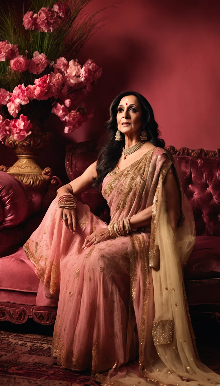 Bollywood Acress HEMA MALINI sitting on a couch in a room with flowers, HEMA MALINI as a mage, photo from vogue magazine, photoshoot, HEMA MALINI as a d&d wizard, gorgeous woman, stunning woman, * * *, high quality image, dreamy and ethereal, * * * * *, very magical and dreamy, gorgeous lady, hyper-realistic, + cinematic shot + dynamic composition, incredibly detailed, sharpen, details + superb details + evening with light + perfectionism + award winning realism ((moody lighting)), f/1.2, 50mm, Canon --75