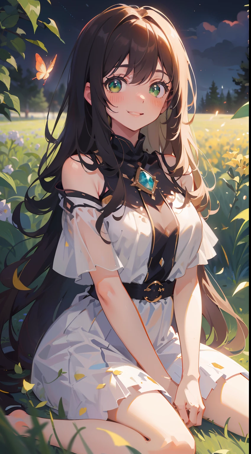 (masterpiece), (best quality), ultra high res, sharp focus, ((1 woman, solo)), (in the meadow of lily flowers), surround by butterflies, (at the night:1.2), full body, medium long shot, MLS, beautiful detailed hair, chestnut brown hair, long hair tumbles down, beautiful detailed face, ((beautiful shape eyes, green eyes)), perfect feminine face, look at the viewer, comfortable face, smiles, blushing, sitting on the ground, feminine light outfit --style raw
