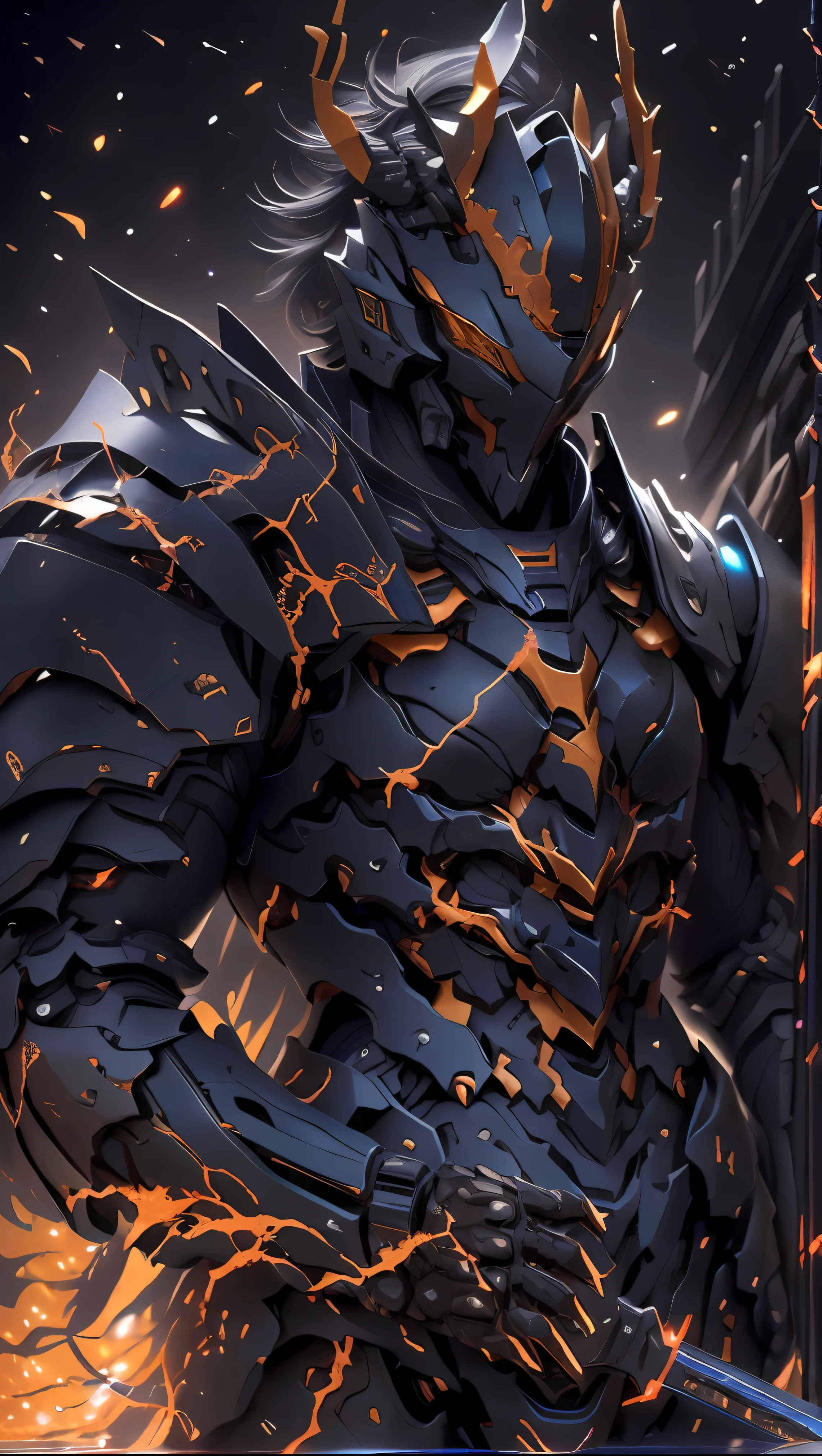 arafed knight in armor standing in a dark room with a sword, black fire color reflected armor, cyberpunk flame suit, berserk skullknight black armor, heavy metal armor, cybernetic flame armor, black heavy armor, corrupted armor, cybernetic fire armor, full body x-force outfit, heavy black obsidian armor, spiked scrap metal armor