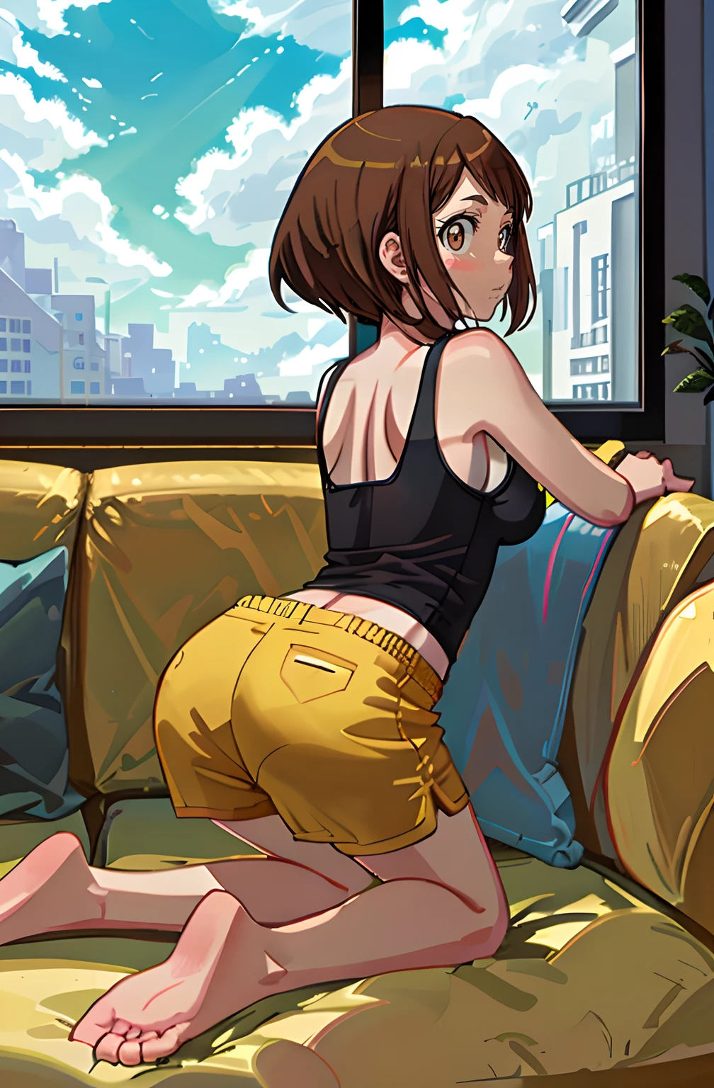 [ochako uraraka; Boku no hero academia], ((masterpiece)), ((solo portrait)), ((back view)), ((cute)), ((feet visible)), ((High definition)), ((anime)), ((Kohei Horikoshi)), ((detailed shading)), ((intricate details)), [ochako; (blushy cheeks, big round brown eyes, short brown hair, short eyelashes, large boobs, (cleavage), {(black tank top), (yellow lounge shorts)}, {(expressionless)}], {(on couch), (all fours), (doggystyle), (looking back)}, [Background; (living room), (window), sunny, (blue sky)]