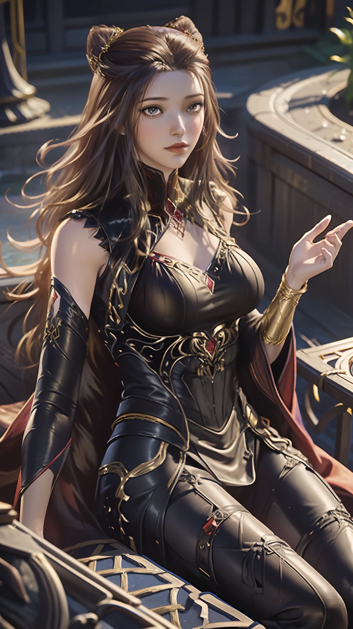 The Araved woman in a dress sits on a red bench by the water, a photorealistic painting inspired by Magali Villeneuve, cgsociety contest winner, Fantasy art, wearing gilded red robes, lady in red armor, wearing gilded red royal robes, Gorgeous Role Play, scarlet witch costume, wearing wizard robes, robe, aly fell and artgerm