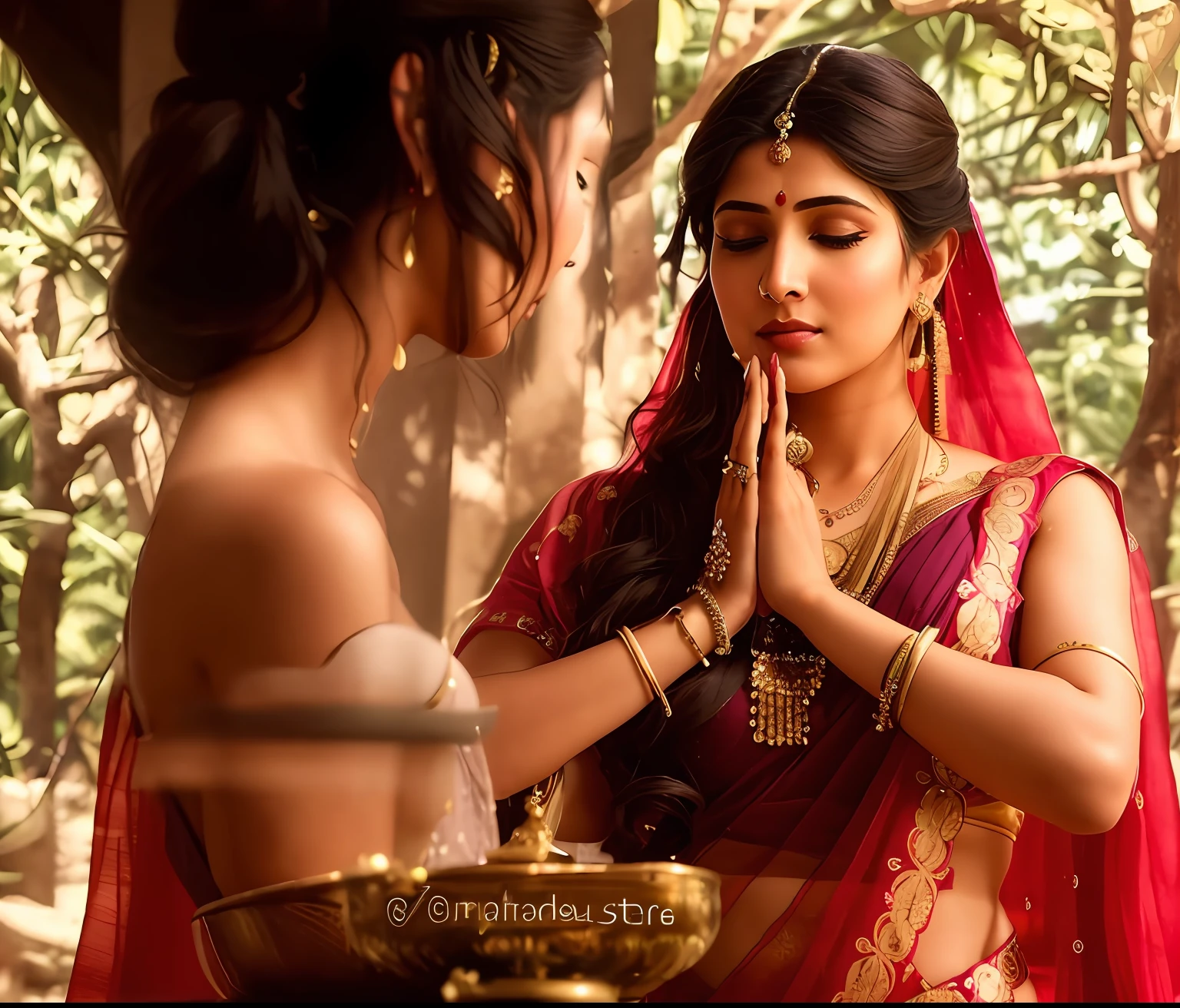 Two indian queens dreat minimally, one hindu and the other Muslim sitting at a table, rubbing eachothers feer with their own feet