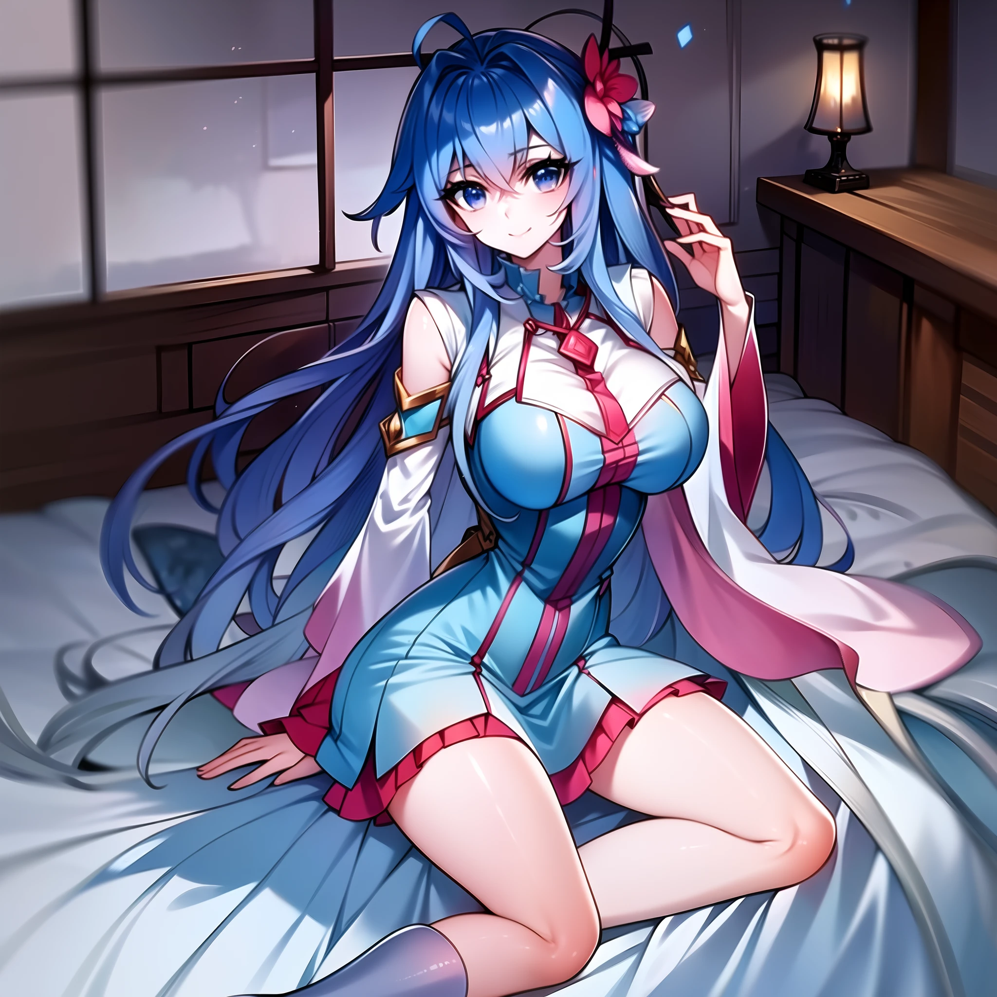 (masterpiece: 1.2),  best quality, ultra high res, shiny skin, mature female, fashi-g, ultra high res, perfect anatomy, best shadow, best quality, ((1girl, solo)), hair ornament, very long hair, huge breasts, smile, looking at viewer, very long hair, long sleeves, blue eyes, blue hair, bangs, hair between eyes, short dress, high boots, flower, cloudy sky, full body, sleep on bed