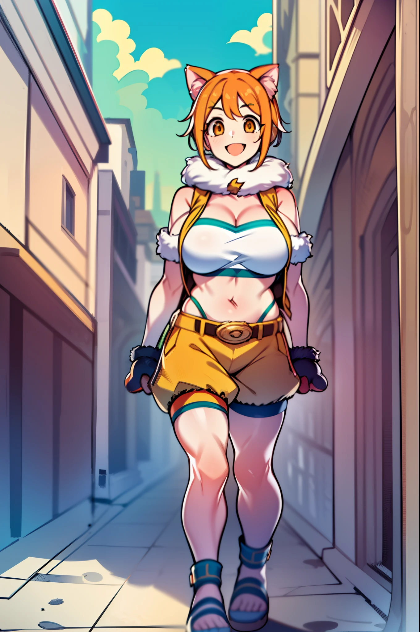 t,orange hair, short hair, orange eyes, girl with cat ears, green bandeau, light orange shorts, light brown small vest,belt, cat paw gloves, high quality, top quality, town, city, western castle, blue sky, smile, cute, :d,huge breast, tall girl, walking,full body, flipflops