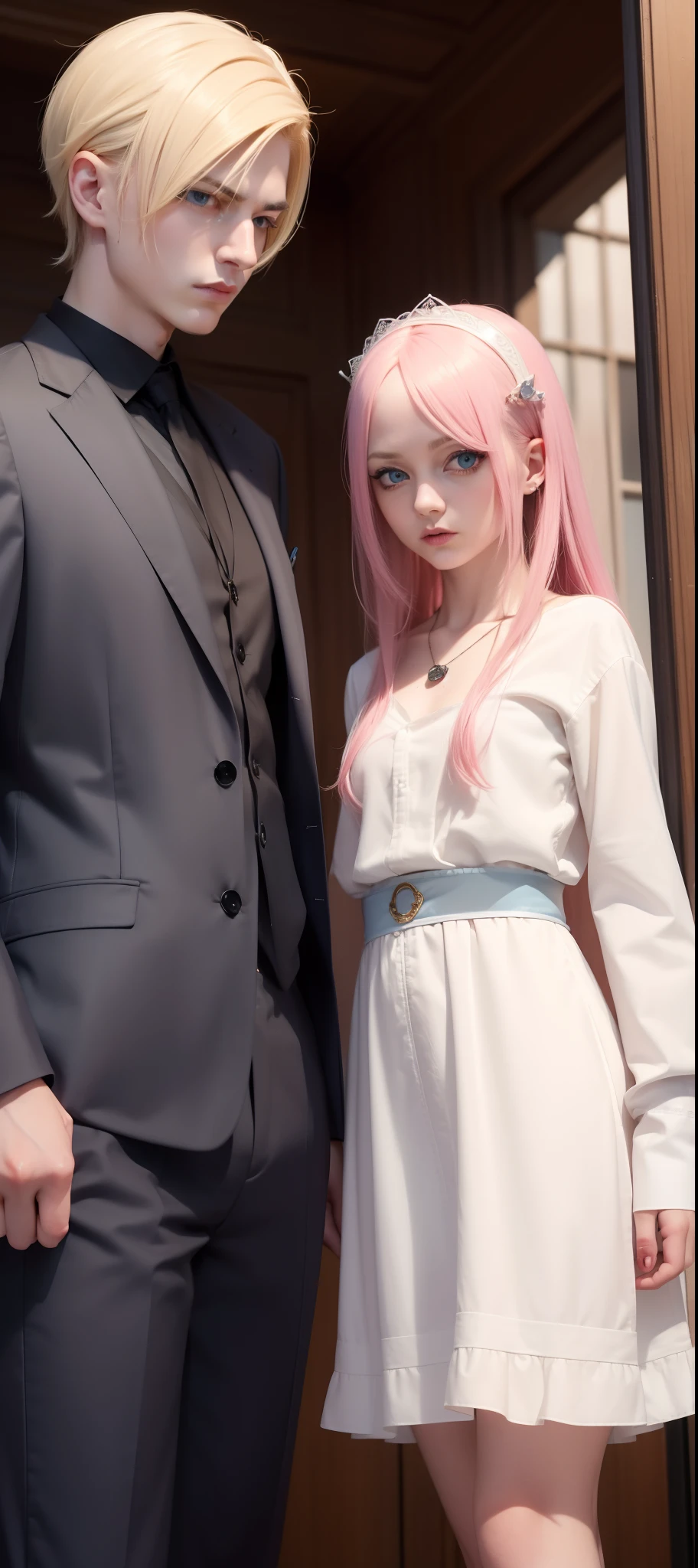 ​masterpiece, top-quality, 2Others, Male and female couples, 1 man and 1,, Adults, Height difference, different color, finely eye and detailed face, intricate detailes, Wizarding World Costumes, Inside the coffee shop, Hands on back, During the walk, A smile, Happiness, tenderness, youthfulness, high-level image quality、 Beautiful men and women、tall、window、𝓡𝓸𝓶𝓪𝓷𝓽𝓲𝓬、British men, Idol Photos, k pop, Professional Photos, Vampires, Fedoman with necklace, inspired by Sim Sa-jeong, androgynous vampire, :9 detailed face: 8, extra detailed face, detailed punk hair, ((Light blue eyes)) baggy eyes, Seductive. Highly detailed, semi realistic anime, Vampires, hyperrealistic teen, delicate androgynous prince, imvu, short hair above the ears, Man with short hair, Woman with long hair, With a man with a glaring expression, Woman with a gentle expression, ((With an Englishman with short blonde hair and light blue eyes)), ((Woman with pretty long pink hair and light blue eyes)),