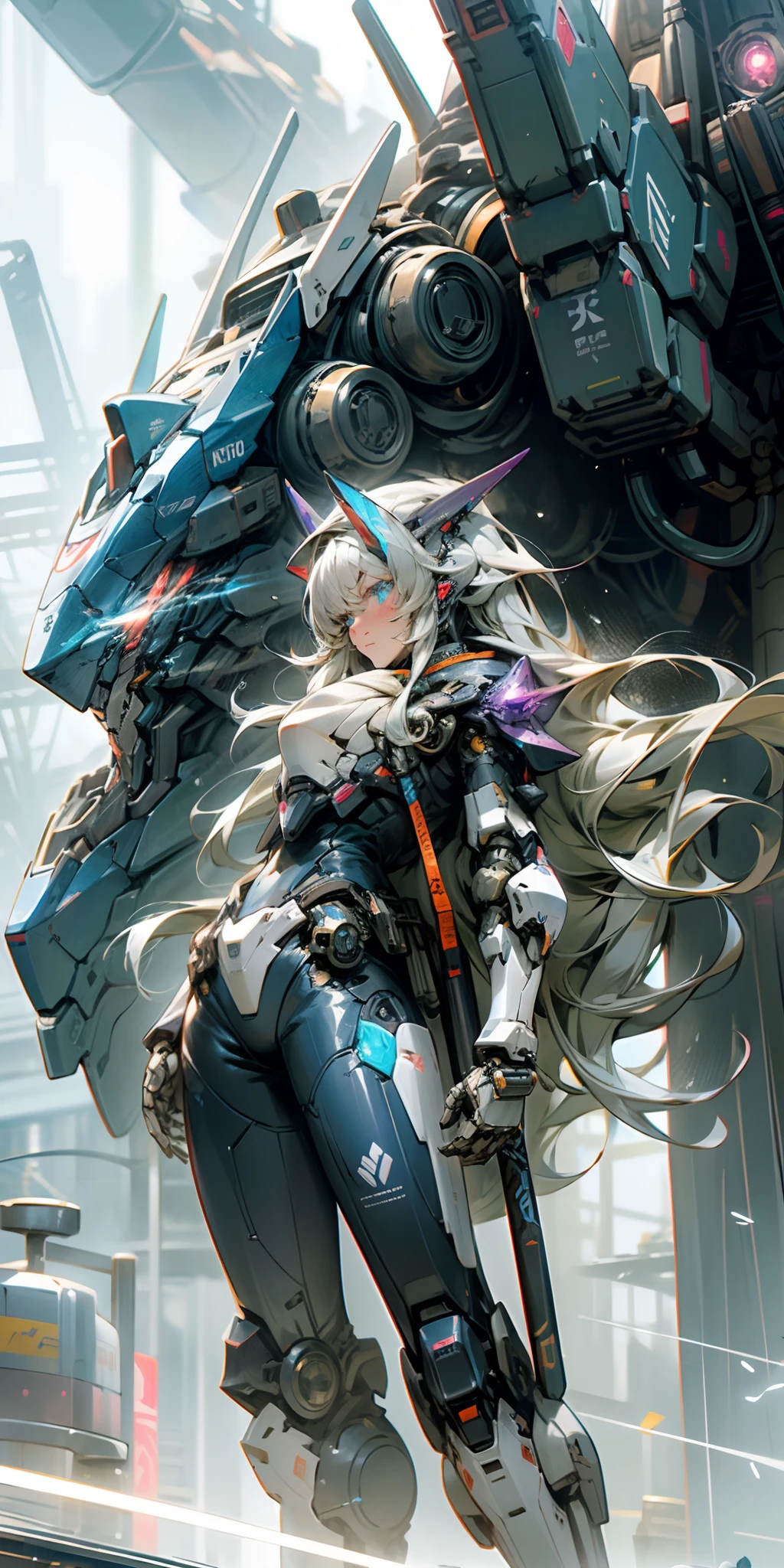 Cool mech core style,mech concept art,Dark gray Decepticon,tremendous mecha robot,intricate glowing mecha armor,Transform giant robots in the future。There is a giant mech machine behind the girl,The volume of the machine is very large,It seems to be more than ten meters high。There are a lot of mechanisms and armor on the surface of the machine,It looks very sturdy。Girl standing in front of the machine(Stand head-on,facing at camera),blue color eyes,long white hair,skinny figure,A body made of a semi-machine,Laser spandex oil shiny shine luminous pattern。Energy light,Thunder Electric Magic,Haze, rain and thunder,rain drops,Warm colors and cold light,Blue-violet light,the detail,Big background。