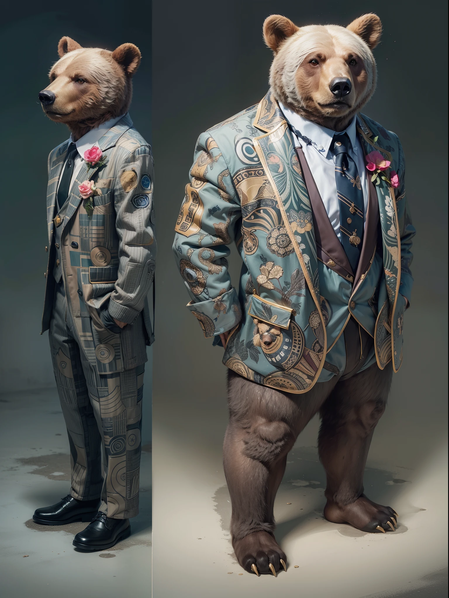 (Bear in luxury business suit、Upright bear、Humanoid Bear、10, etc、Full body photo、Bear in a pose、Cool anthropomorphic bear)、masterpiece, top-quality, in 8K , intricate detailes, ultra-detailliert , light Particle、32K Digital Paint, Hyper-Realism, Abstract background:1.3, colourfull:1. 3, Zentangle:1.2、