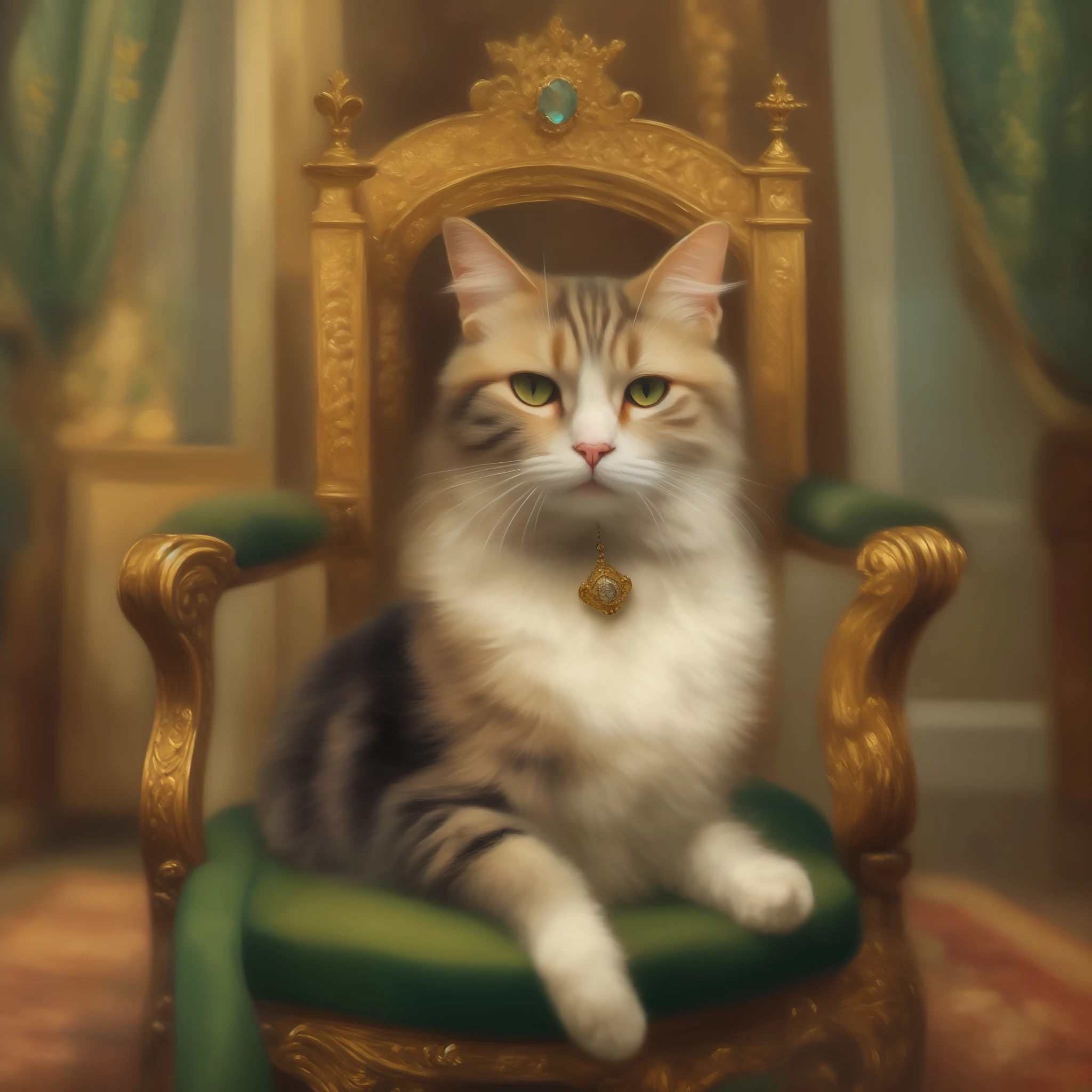 Cat on an elegant chair in the room、Heavy oil painting style、Portrait as in a nobleman's mansion、The portrait depicts the queen of the cat city、The crown jewel is attached to the head