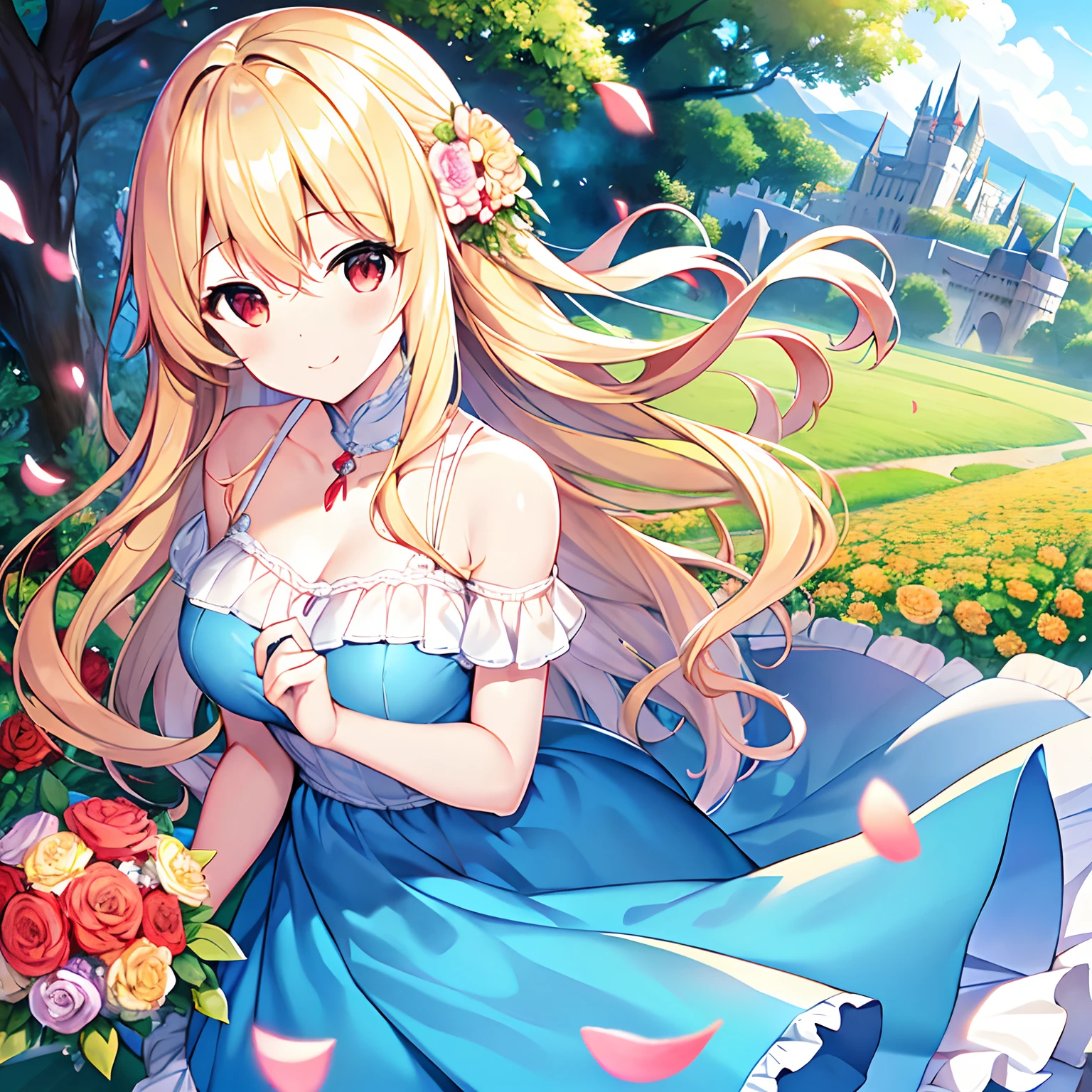 Wavy blonde hair、red eyes、Beautiful girl alone、独奏、animesque、Have a bouquet、Light blue dress、off shoulders、flower  field、castle in background、A smile、flower petals、suns、Sunlight Yellow