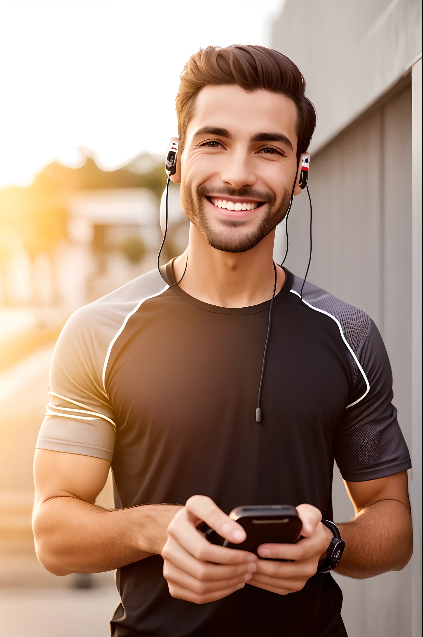A man in a black shirt is smiling as he holds a cell phone, usando equipamento de fitness, athletic man in his 30s, Shutterstock, ele tem fones de ouvido, he's smiling, homem sorridente, Macho sorridente, roupas esportivas, Detalhes de alta qualidade, Usando fones de ouvido, sorridente, roupas esportivas, com fones de ouvido, Jovem com short, com fones de ouvido, assumindo o controle enquanto sorri