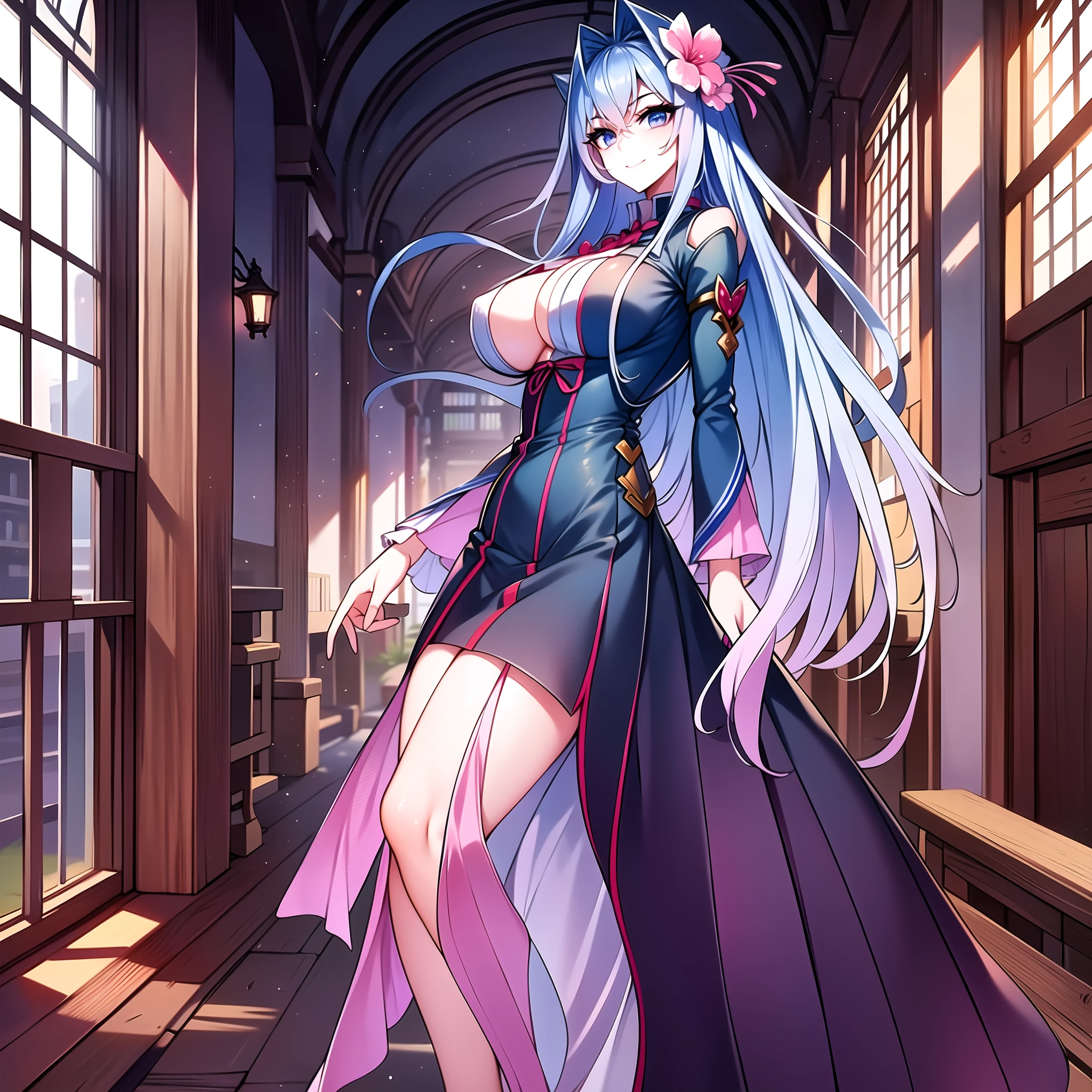 (masterpiece: 1.2),  best quality, ultra high res, shiny skin, mature female, fashi-g, ultra high res, perfect anatomy, best shadow, best quality, ((1girl, solo)), hair ornament, very long hair, huge breasts, smile, looking at viewer, very long hair, long sleeves, blue eyes, blue hair, bangs, hair between eyes, short dress, high boots, flower, full body, from behind