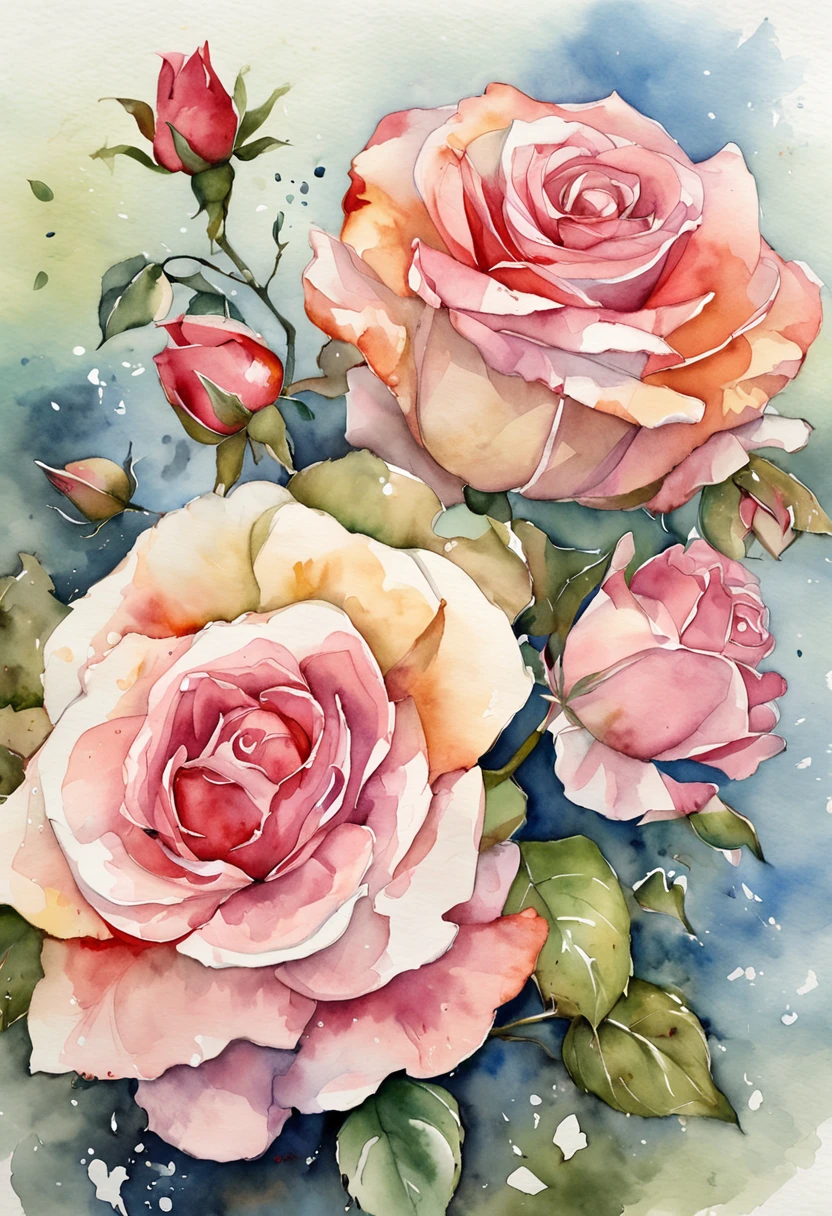 wtrcolor style, (rose) digital art, official art, blown by the wind, masterpiece, beautiful, ((watercolor)), paint splatter, intricate detail. Great detail, [dripping:0.7], Trending on Artstation, Rachel Walker