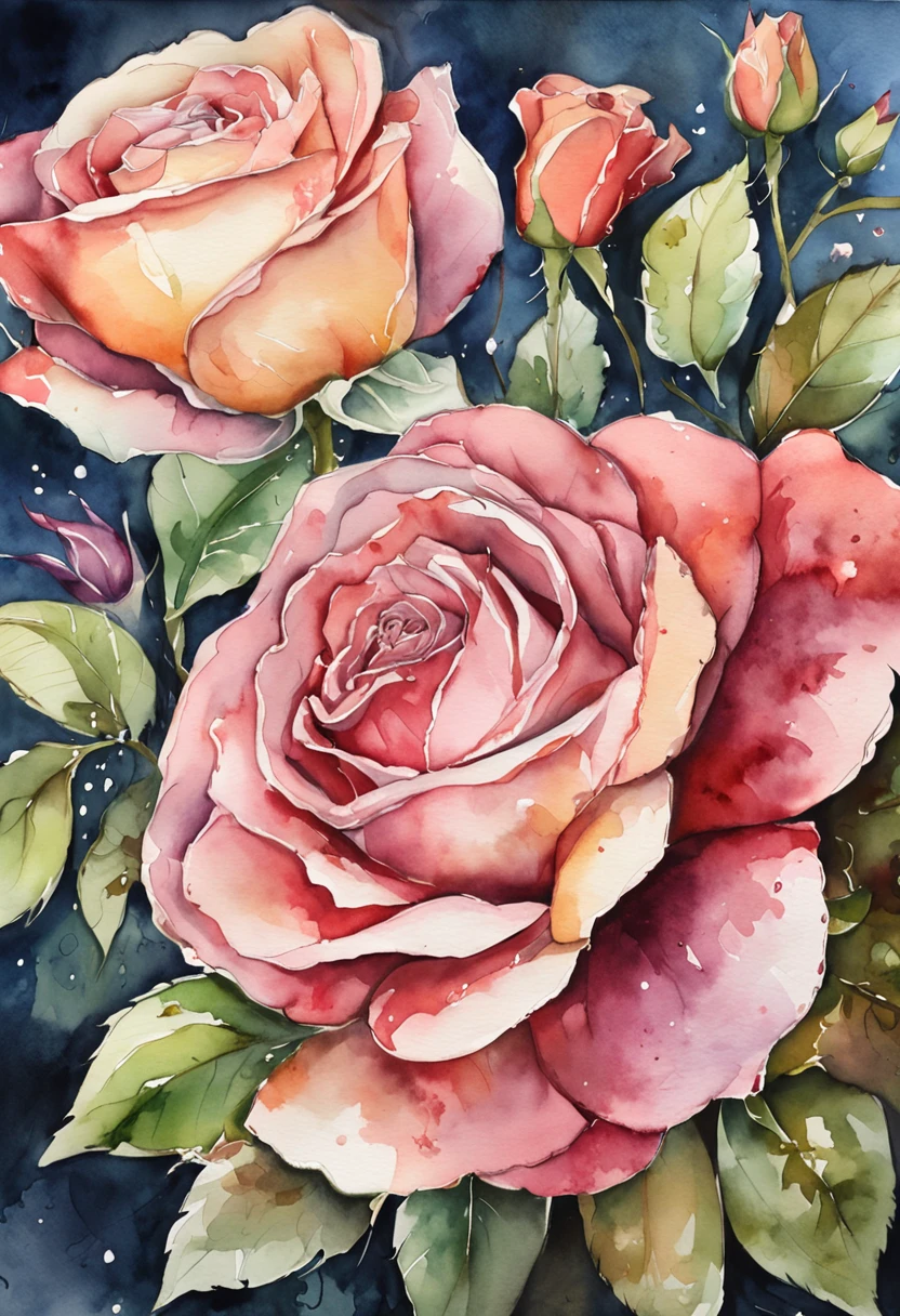 wtrcolor style, (rose) digital art, official art, blown by the wind, masterpiece, beautiful, ((watercolor)), paint splatter, intricate detail. Great detail, [dripping:0.7], Trending on Artstation, Rachel Walker