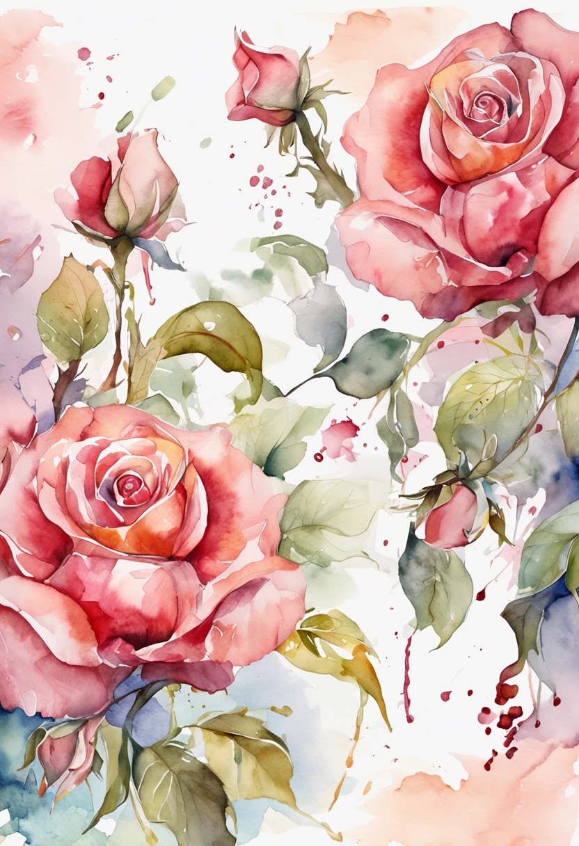 wtrcolor style, (rose) digital art, official art, blown by the wind, masterpiece, beautiful, ((watercolor)), paint splatter, intricate detail. Great detail, [dripping:0.7], Trending on Artstation, Rachel Walker