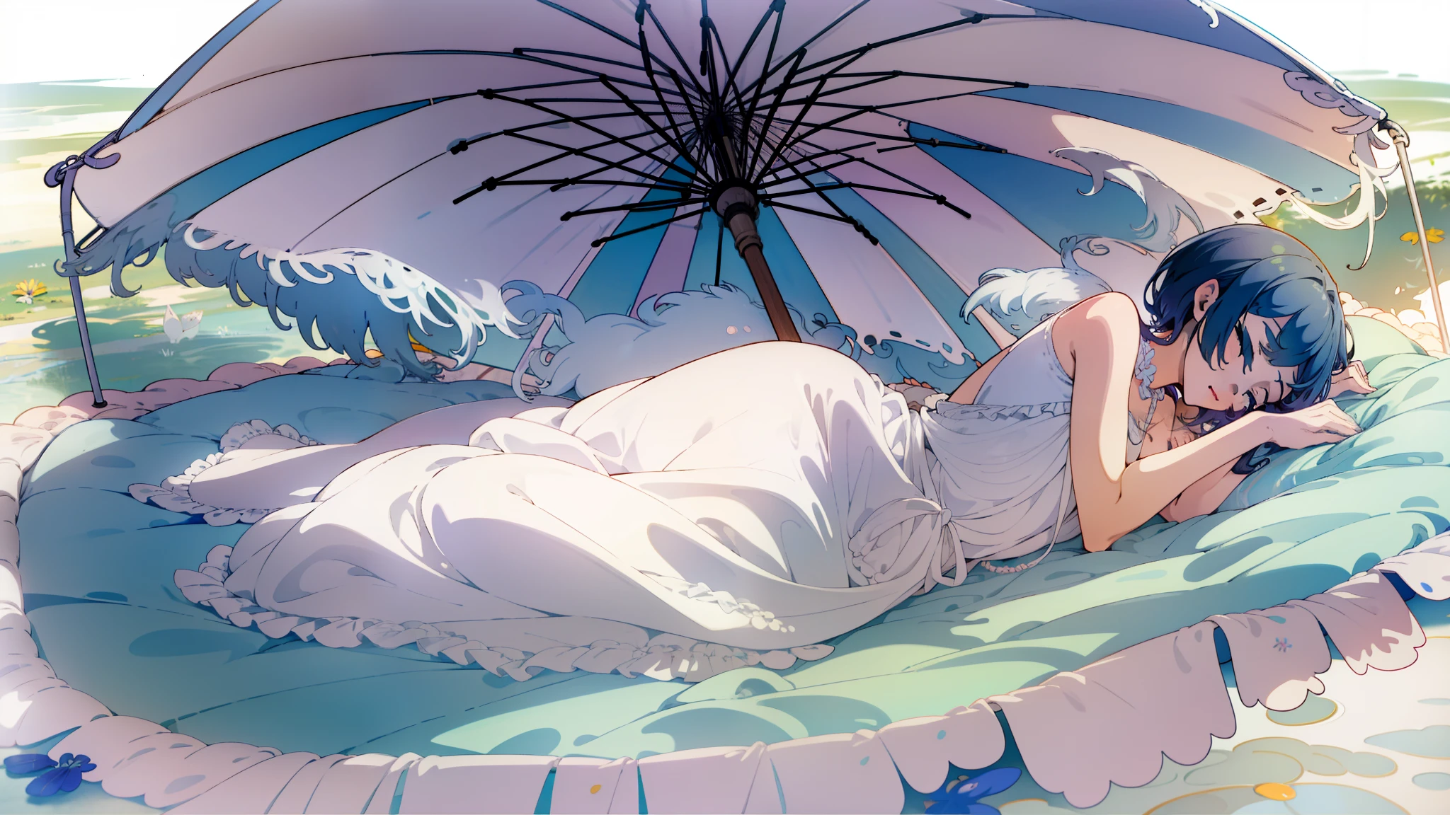 1woman, solo, strong sunshine, Parasol, deck chair, lie down, lying, one length bob, indigo hair, hands behind head, full-body_portrait, white loose onepieces, close eyes, sleeping, Unprotected sleeping face