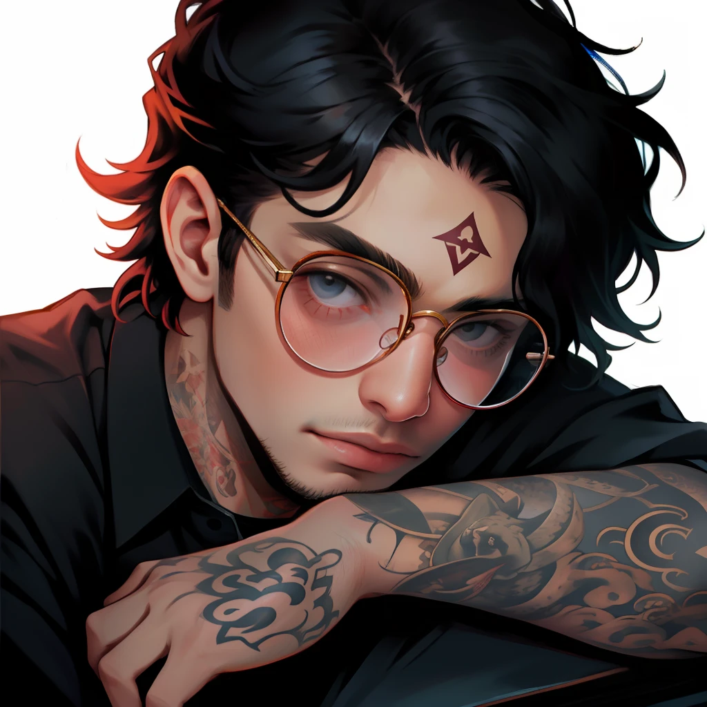 Adolescente, homem, camisa preta baggy, round glasses, olhos pretos, cabelo liso, brinco, rosto fofo, tattoo on upper arm