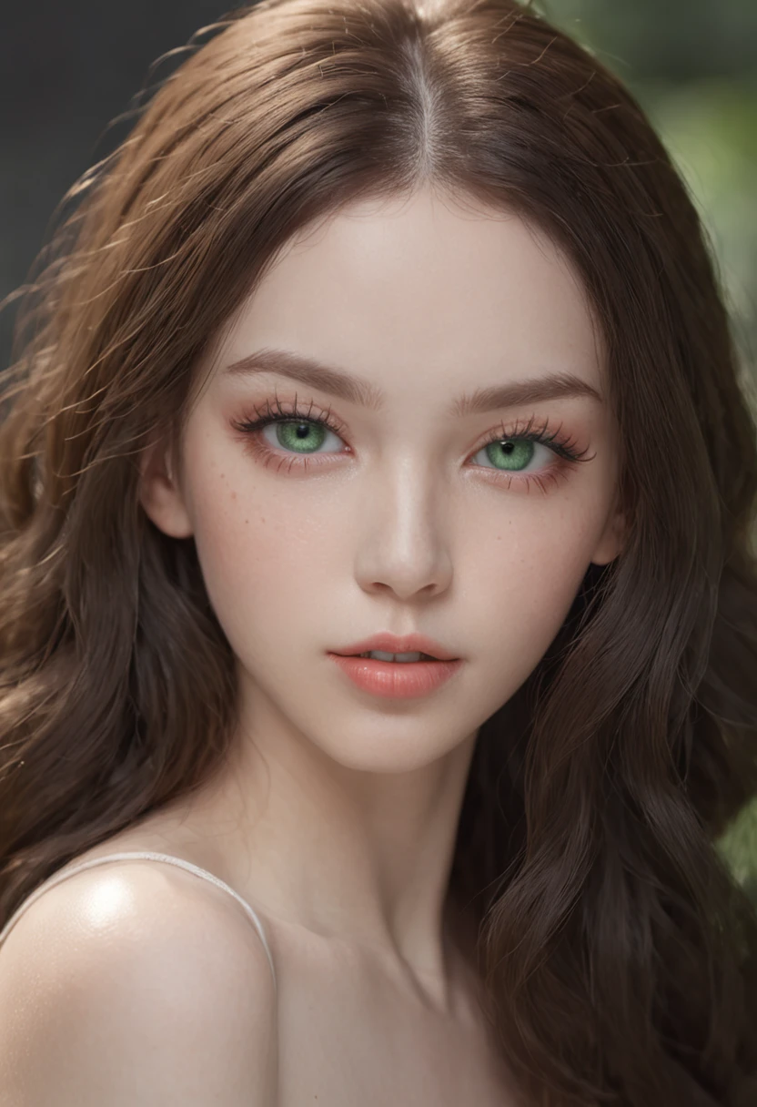 Girl Highly Detailed Face and Skin Texture, ((white skin)) (big green eyes), slim face, juicy lips, bimbo lips, big puffy breast, ((afro curly Black hair)), pale skin, Detailed Eyes, Double Eyelids,