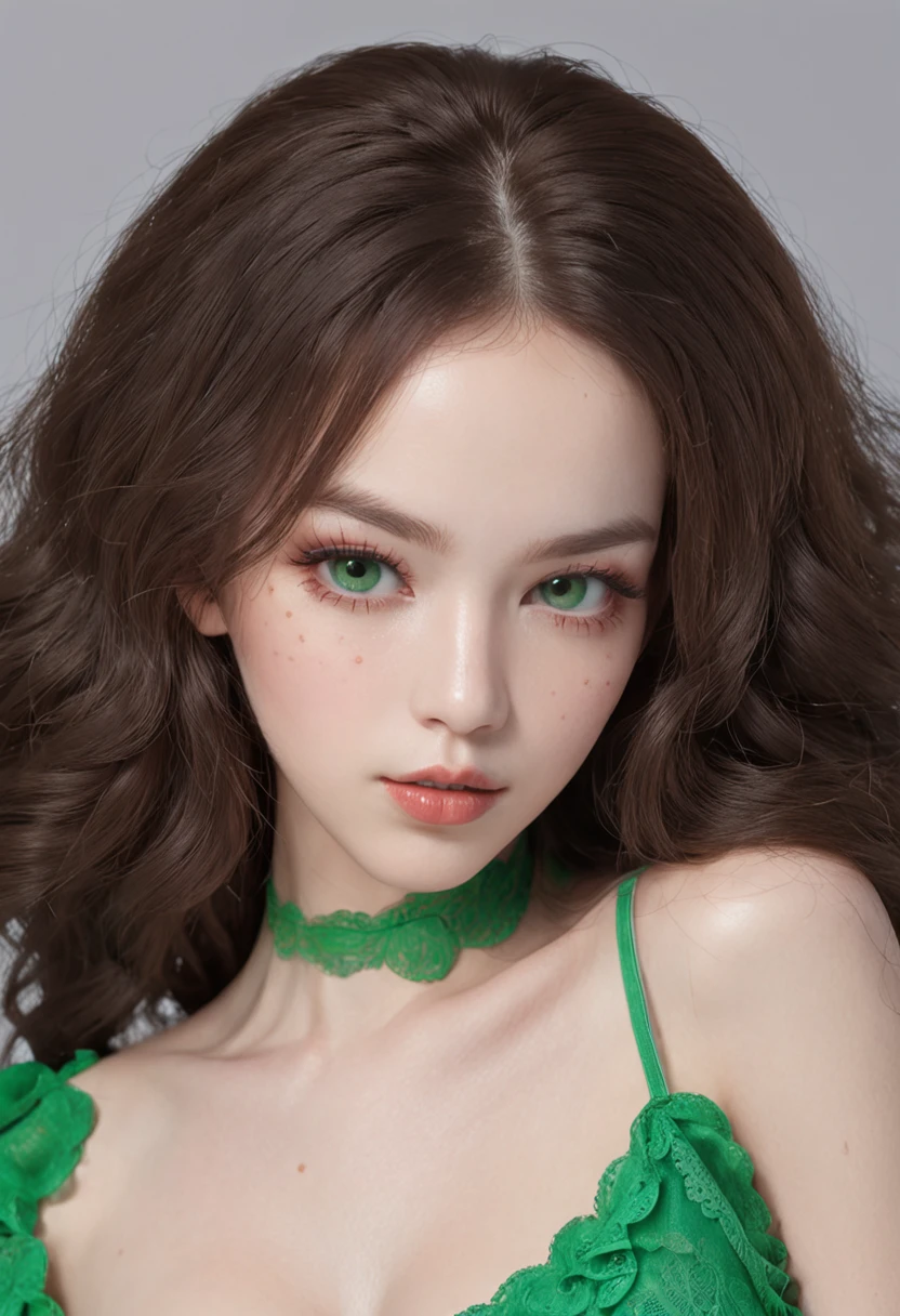 Girl Highly Detailed Face and Skin Texture, ((white skin)) (big green eyes), slim face, juicy lips, bimbo lips, big puffy breast, ((afro curly Black hair)), pale skin, Detailed Eyes, Double Eyelids,